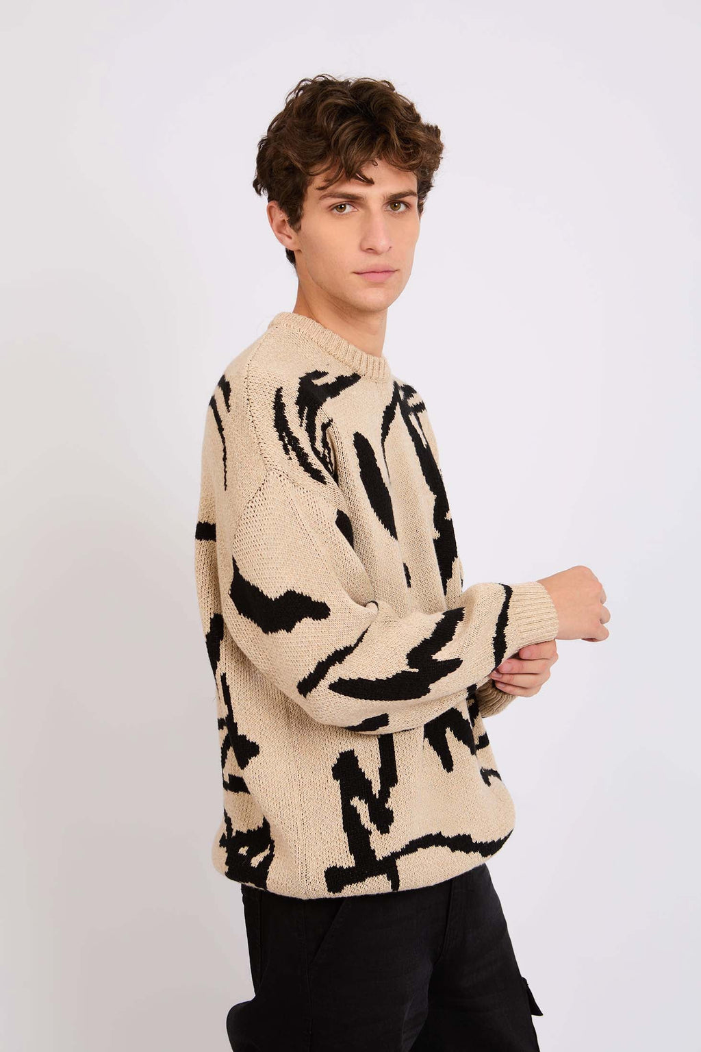 Men Sweat Shirt Loose Fit Hoodie Printed Beige