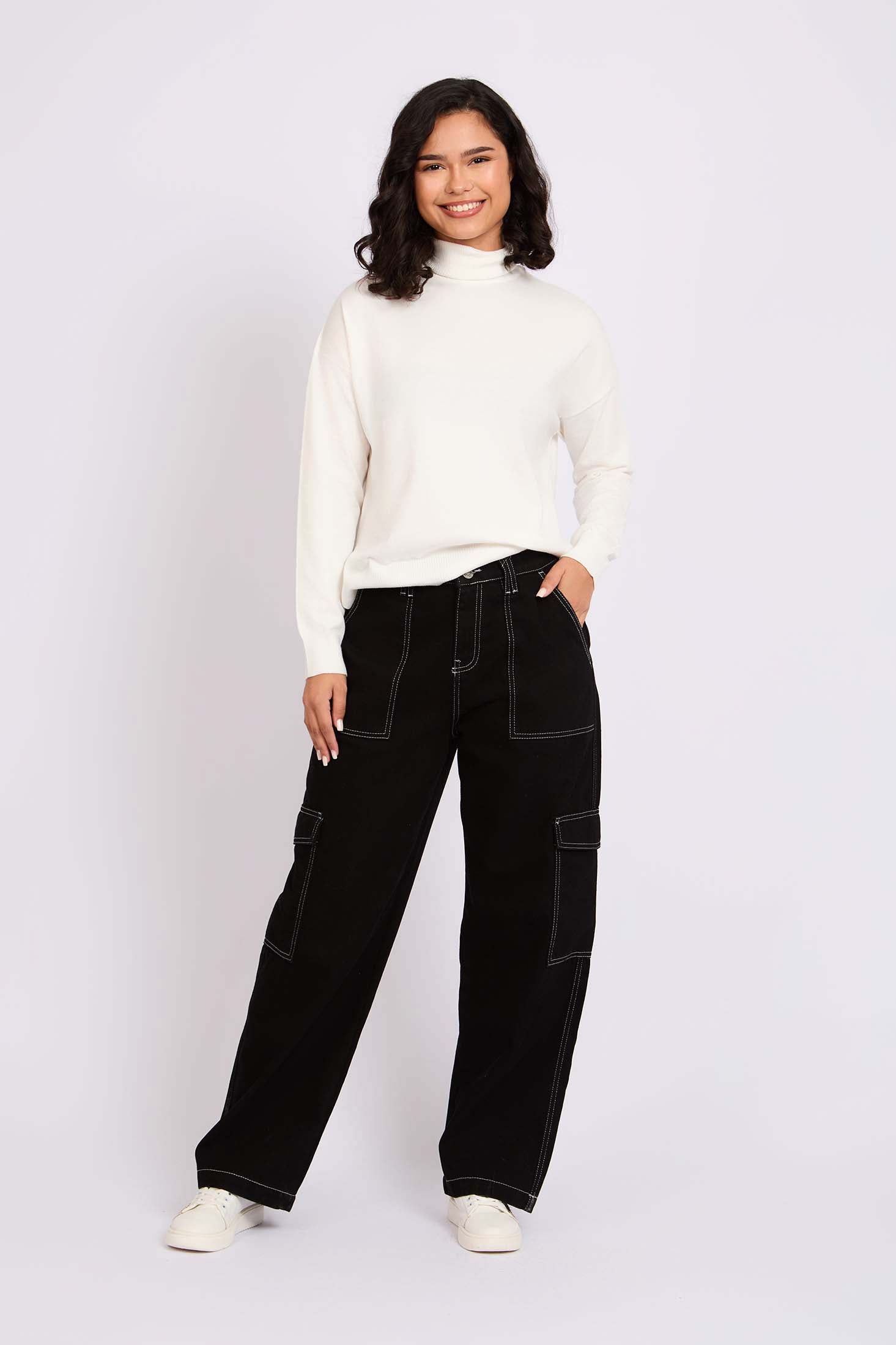 Women Black Wide Leg Overstitch Denim Pant