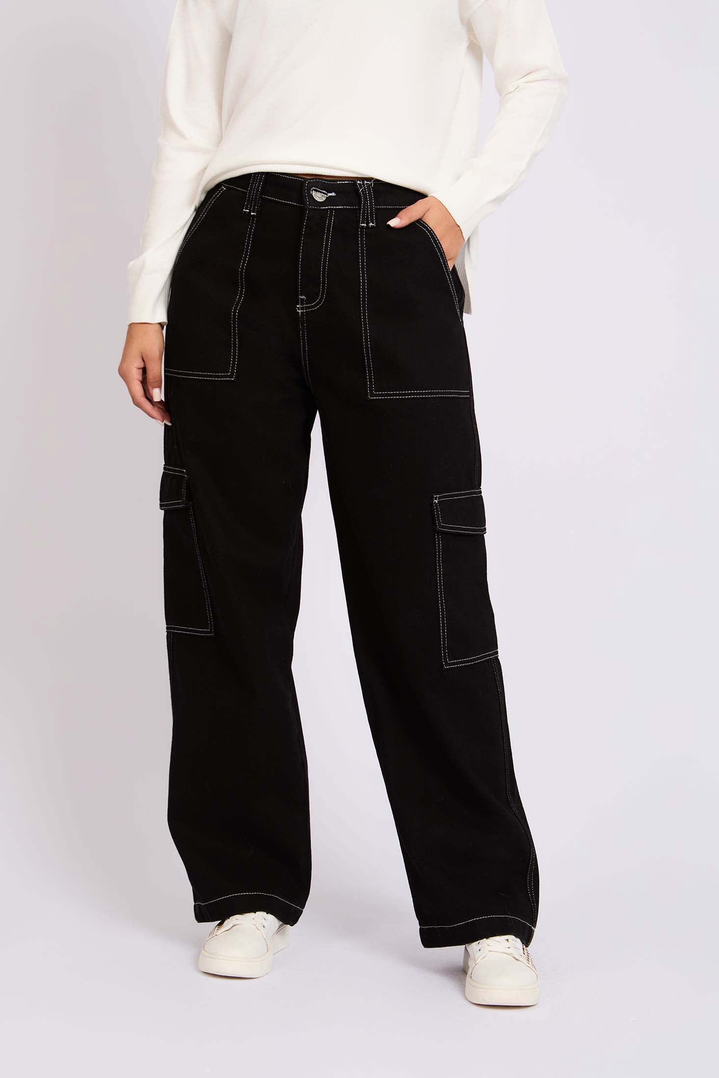 Women Black Wide Leg Overstitch Denim Pant