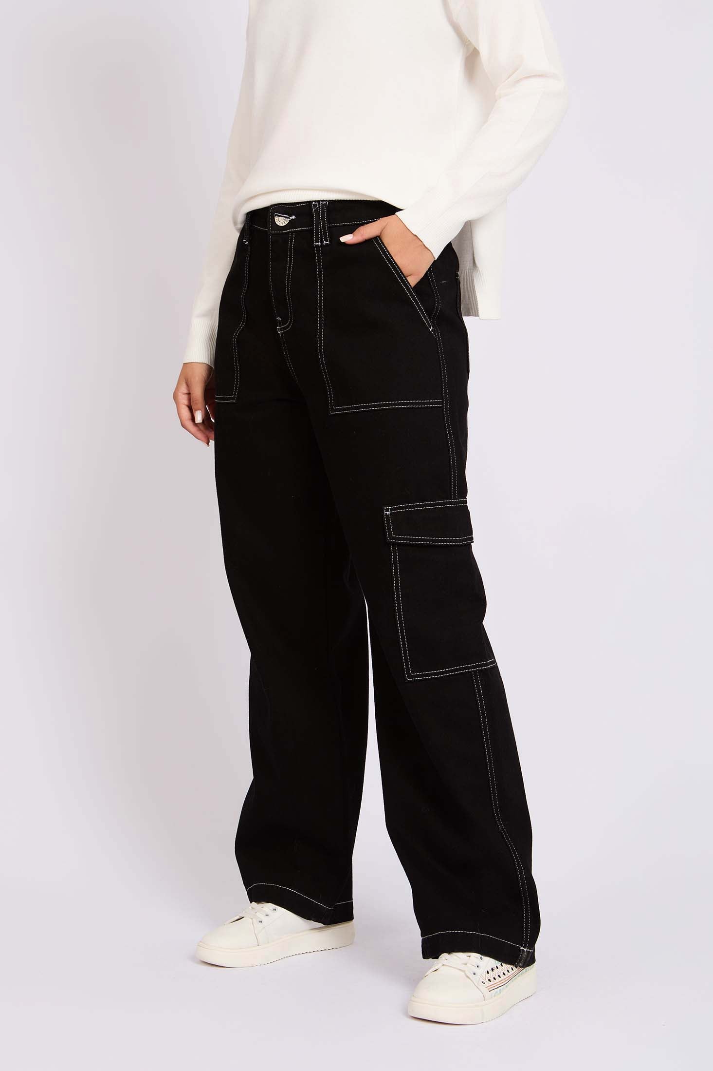 Women Black Wide Leg Overstitch Denim Pant