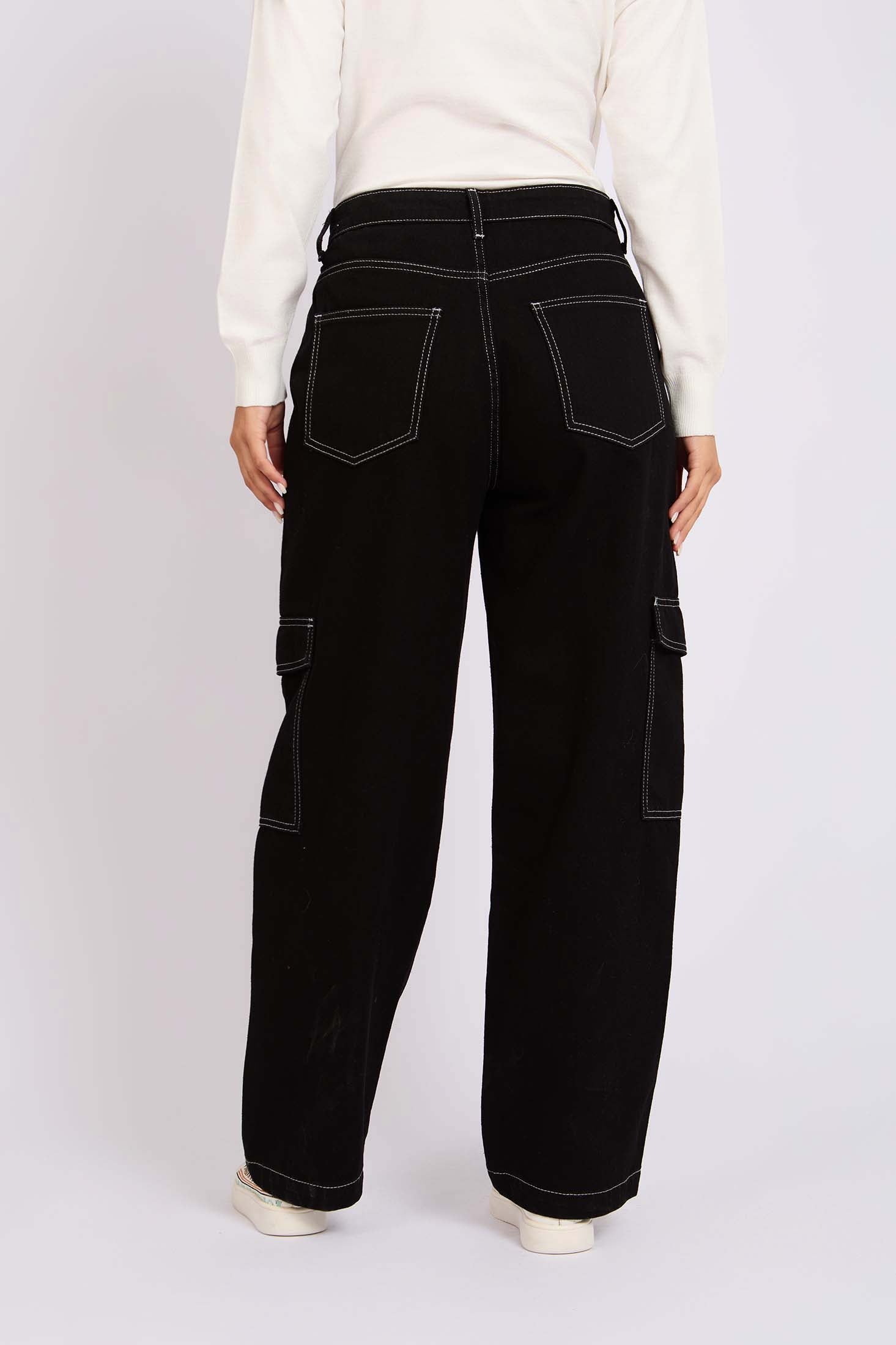 Women Black Wide Leg Overstitch Denim Pant