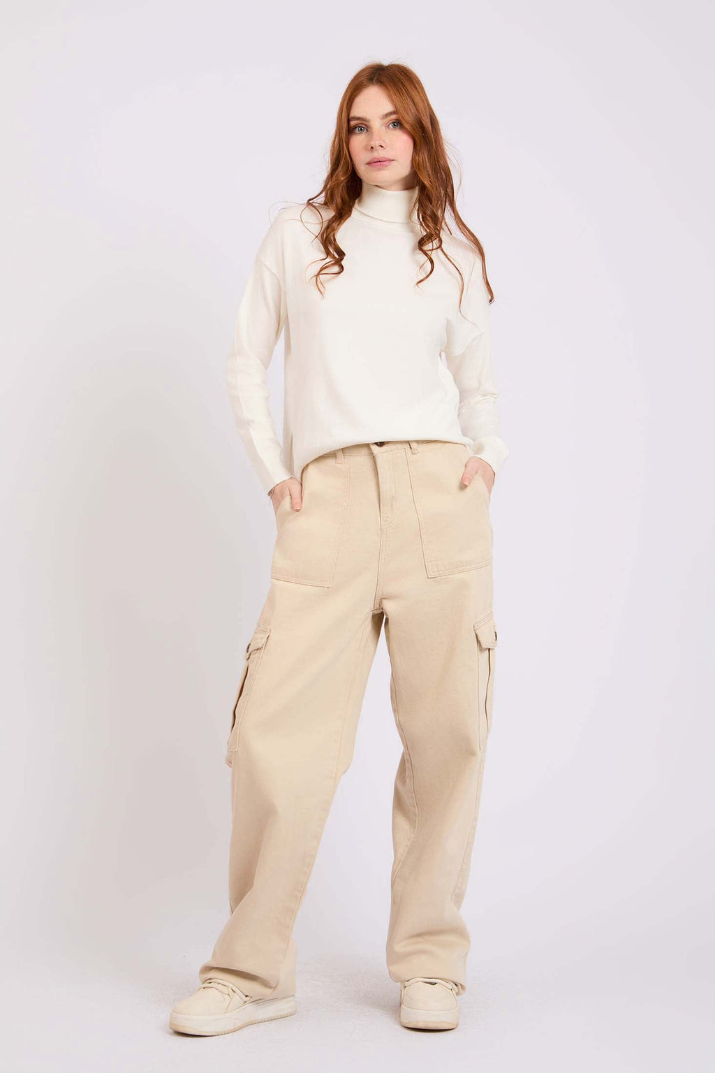 Women Pant Wide Leg Baggy Beige