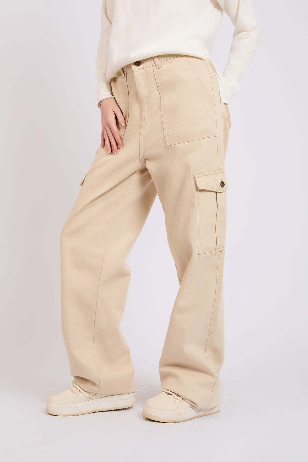 Women Pant Wide Leg Baggy Beige