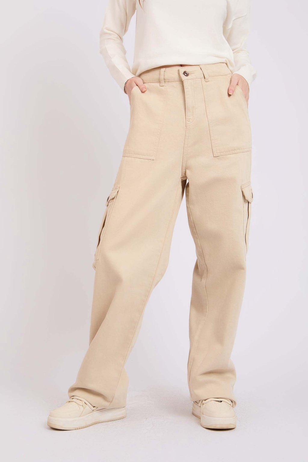 Women Pant Wide Leg Baggy Beige