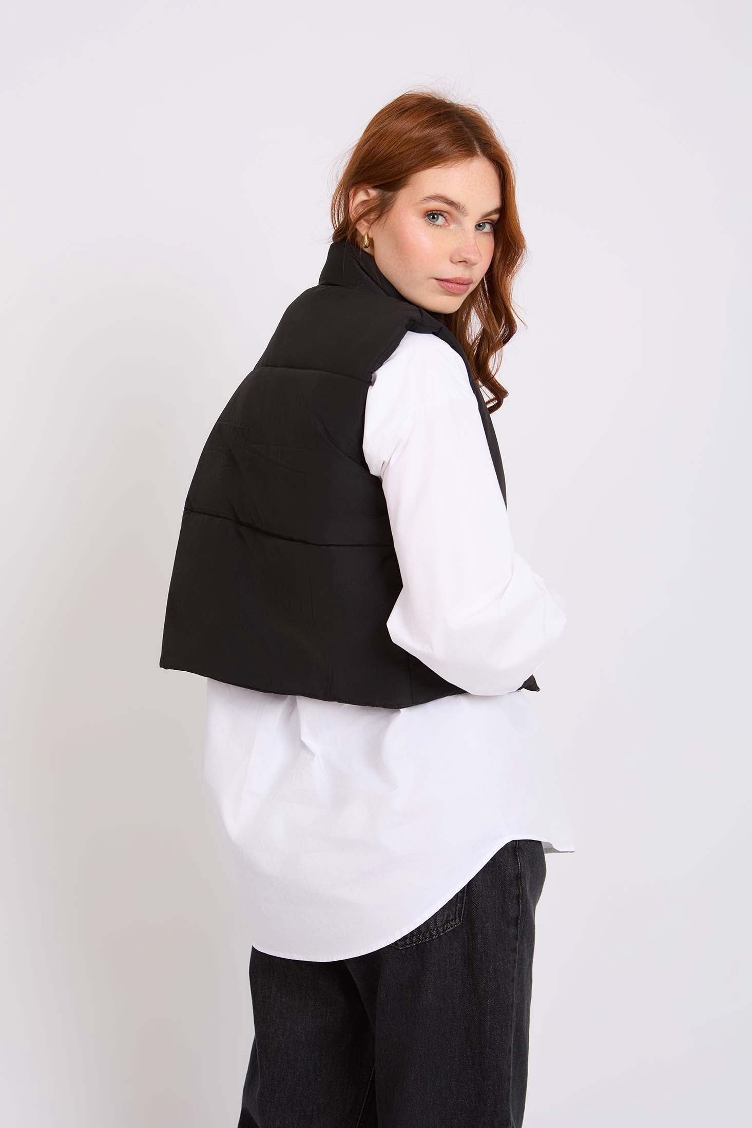 Women Cropped Puffer  Vest Black