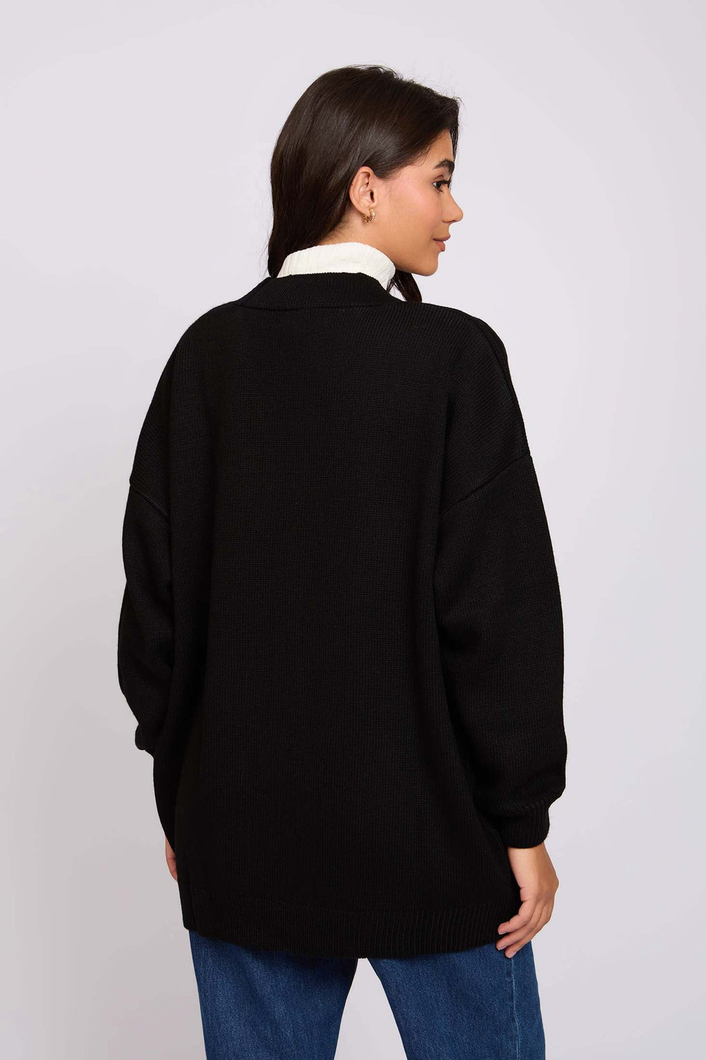 كارديجان نسائي طويل فضفاض باللون الأسود