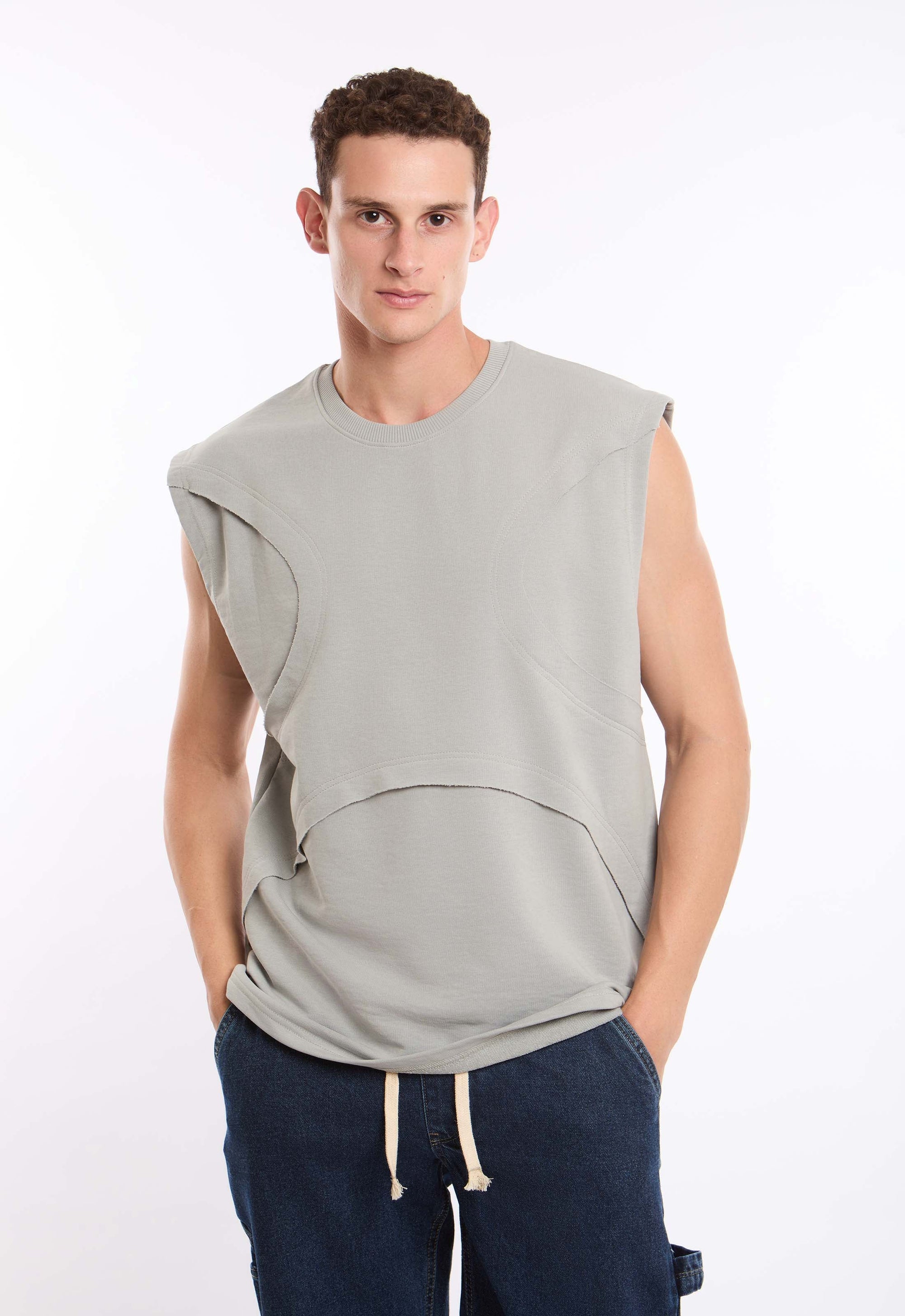 Ribbed Crew Neck Sleeveless Tee with Cut-Outs