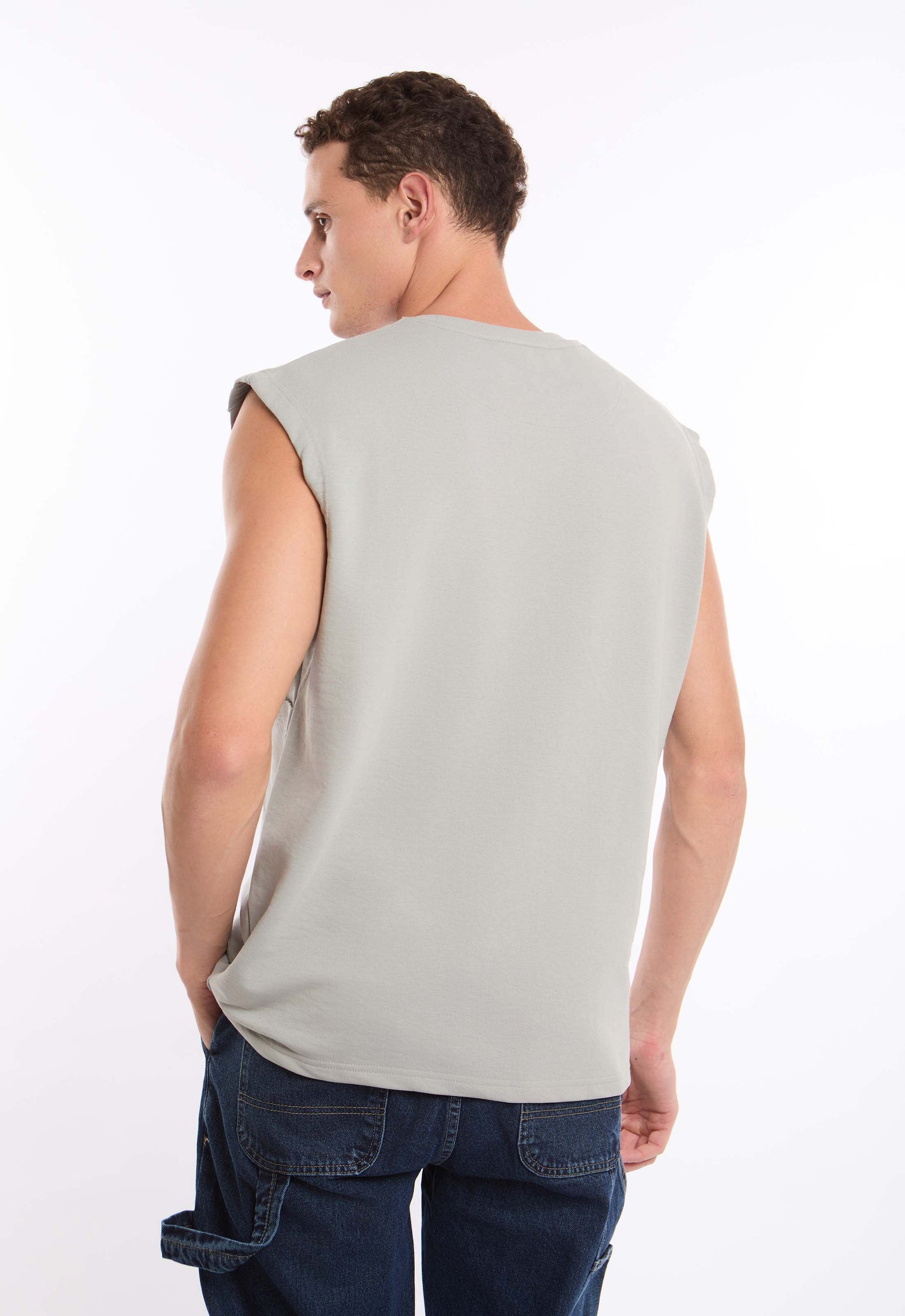 Ribbed Crew Neck Sleeveless Tee with Cut-Outs