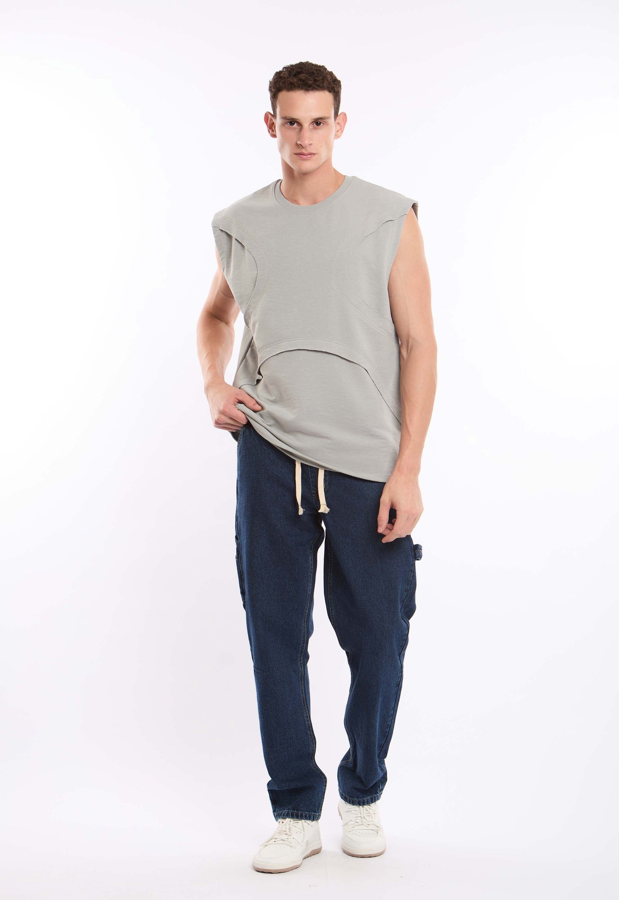 Ribbed Crew Neck Sleeveless Tee with Cut-Outs