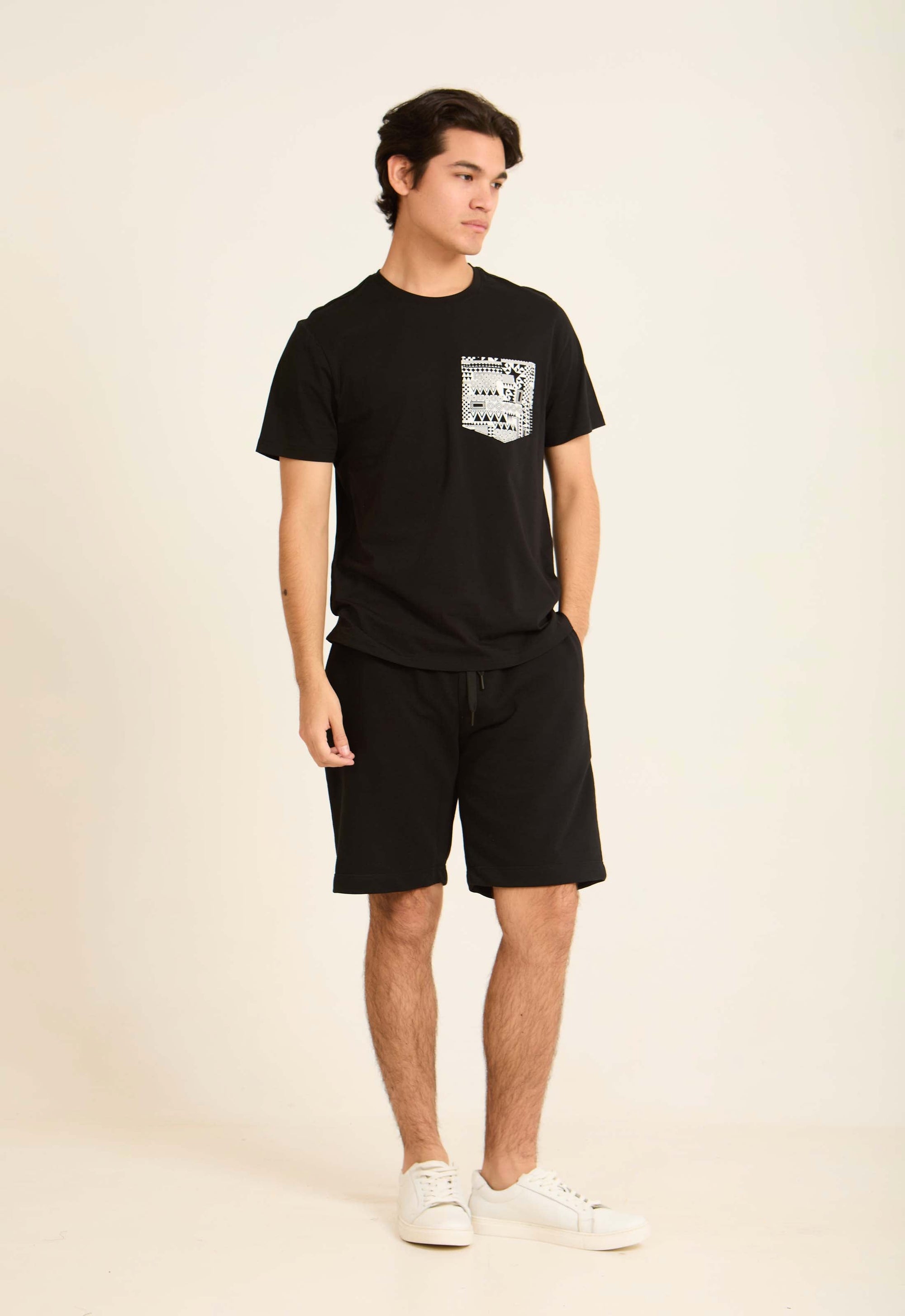 Cotton Tee with Geometric Pattern Pocket