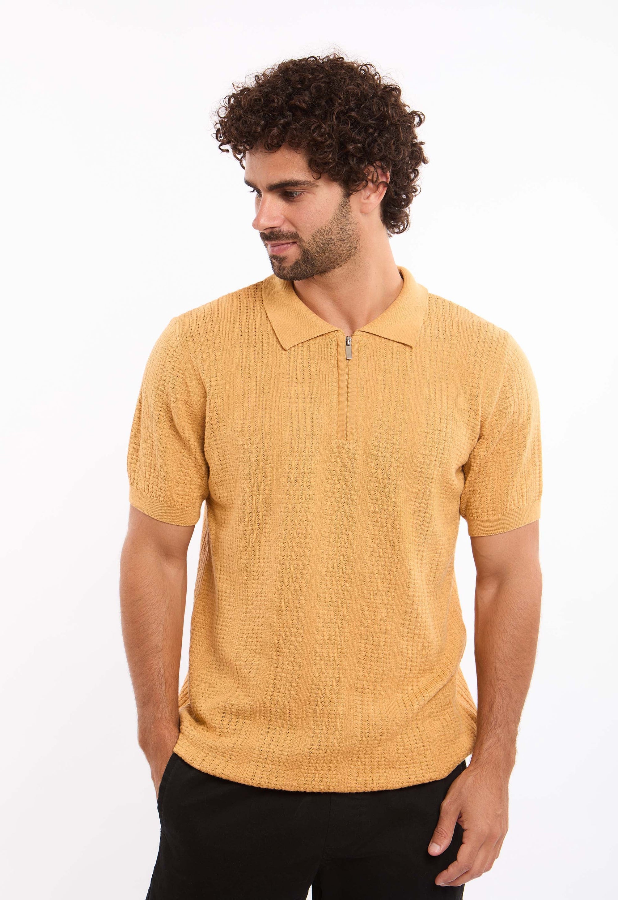 Zipped Neck Simple Knit Polo Shirt