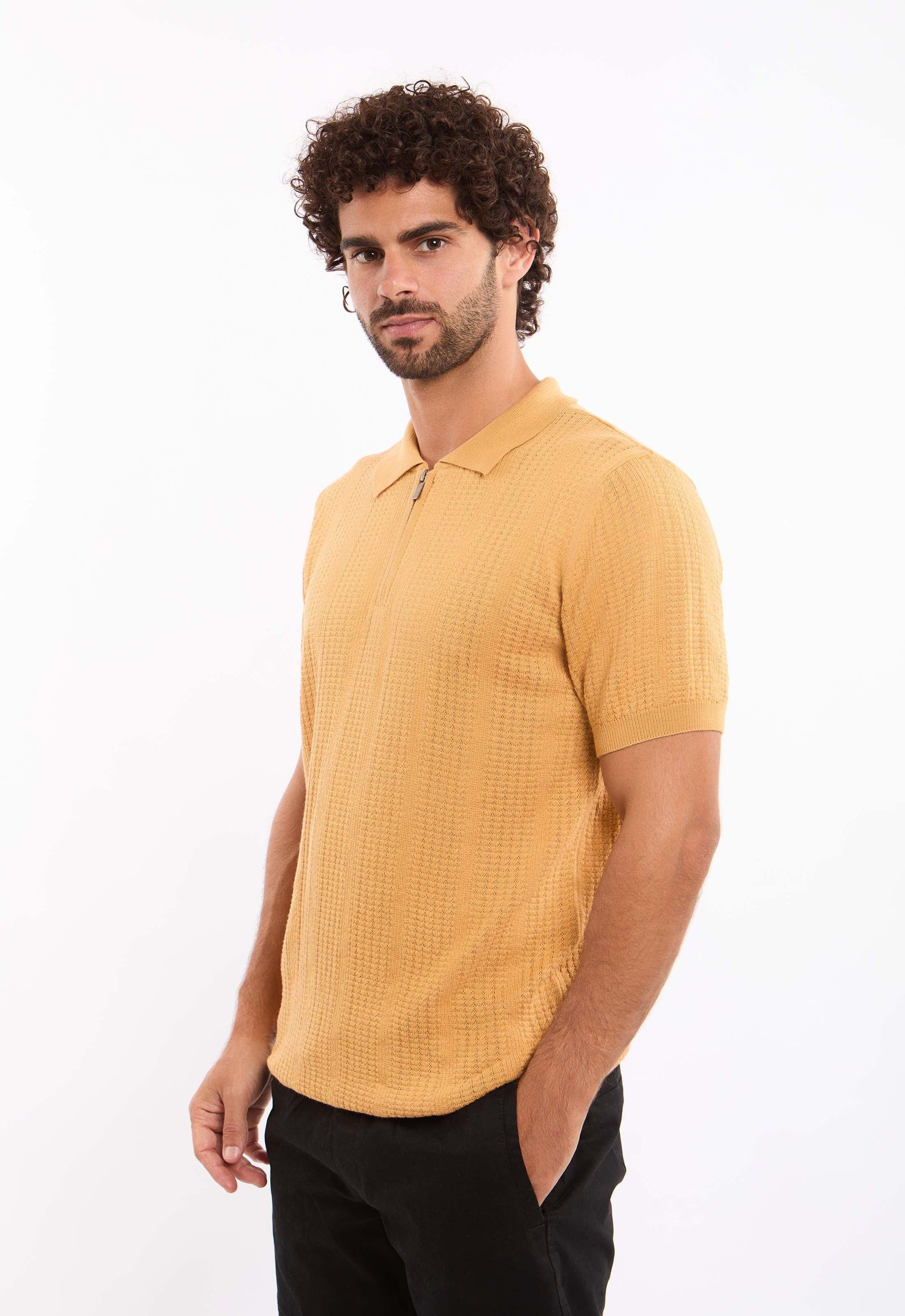 Zipped Neck Simple Knit Polo Shirt