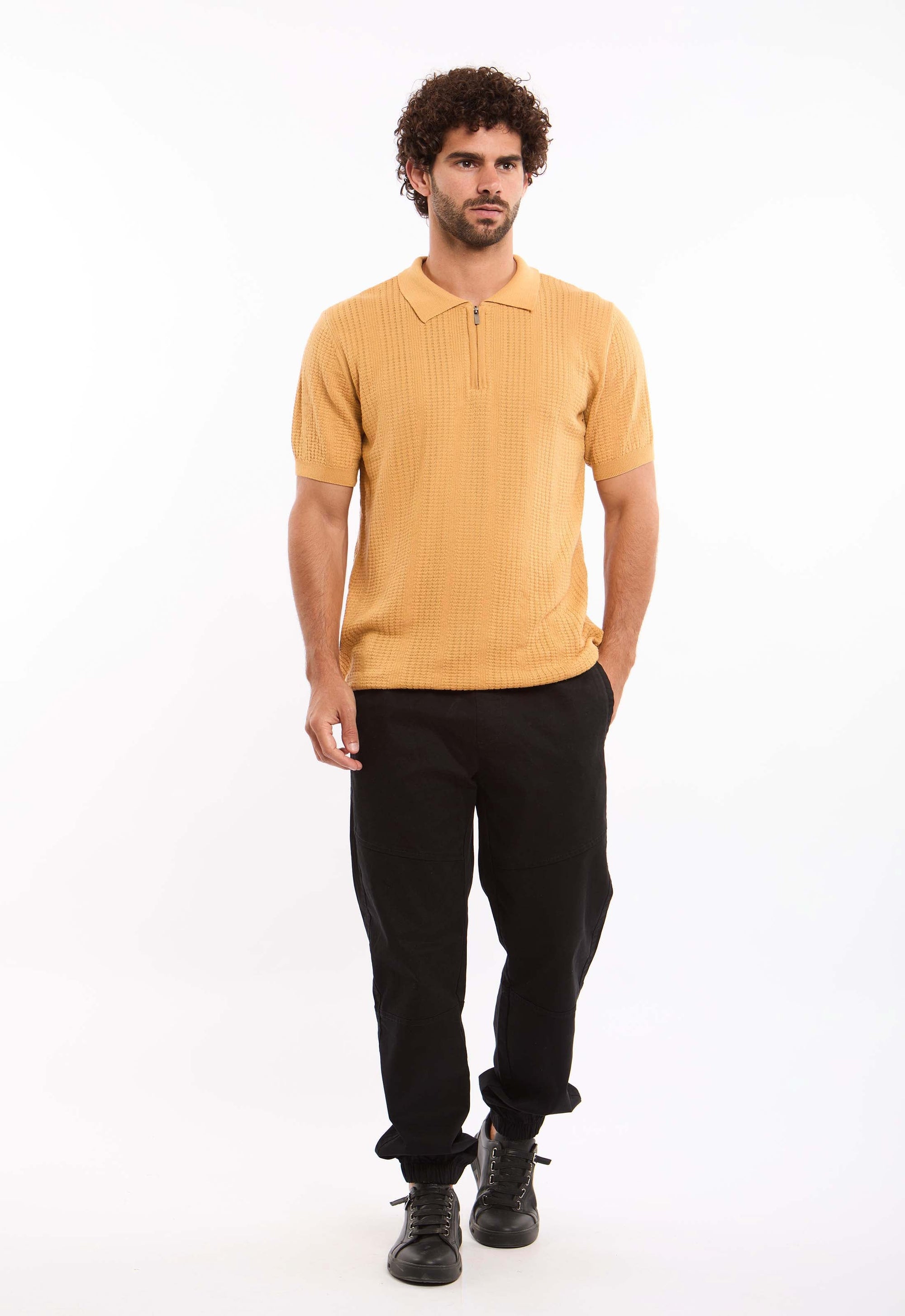 Zipped Neck Simple Knit Polo Shirt