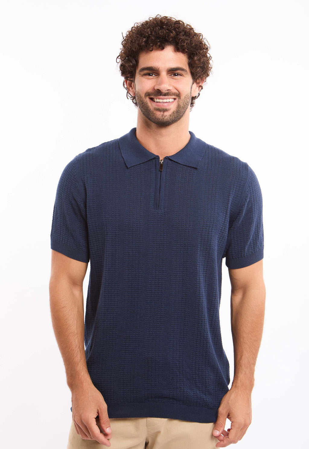 Zipped Neck Simple Knit Polo Shirt