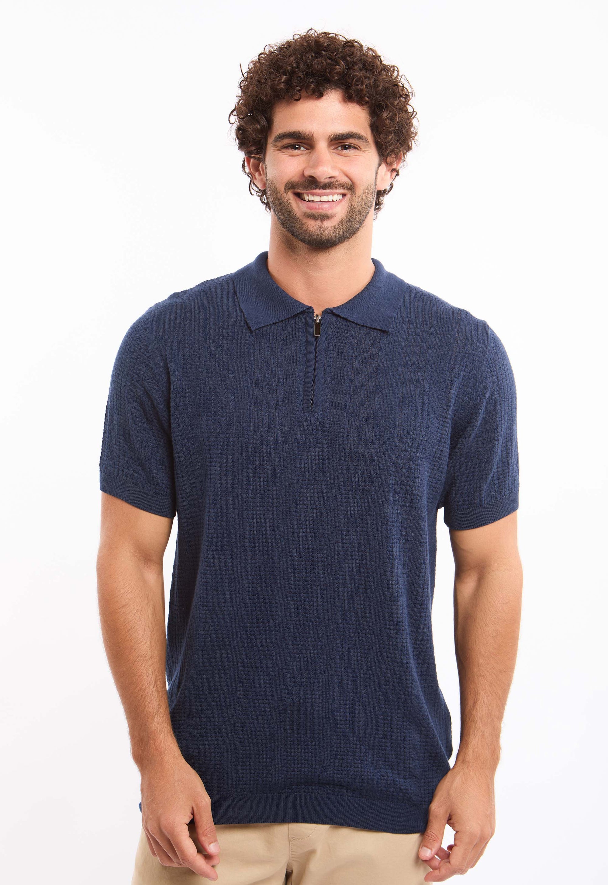 Zipped Neck Simple Knit Polo Shirt
