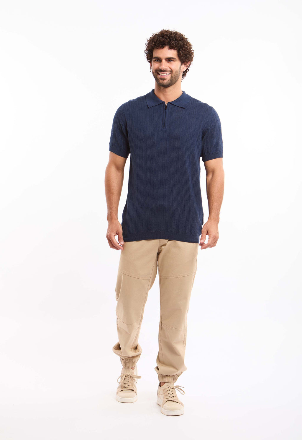 Zipped Neck Simple Knit Polo Shirt