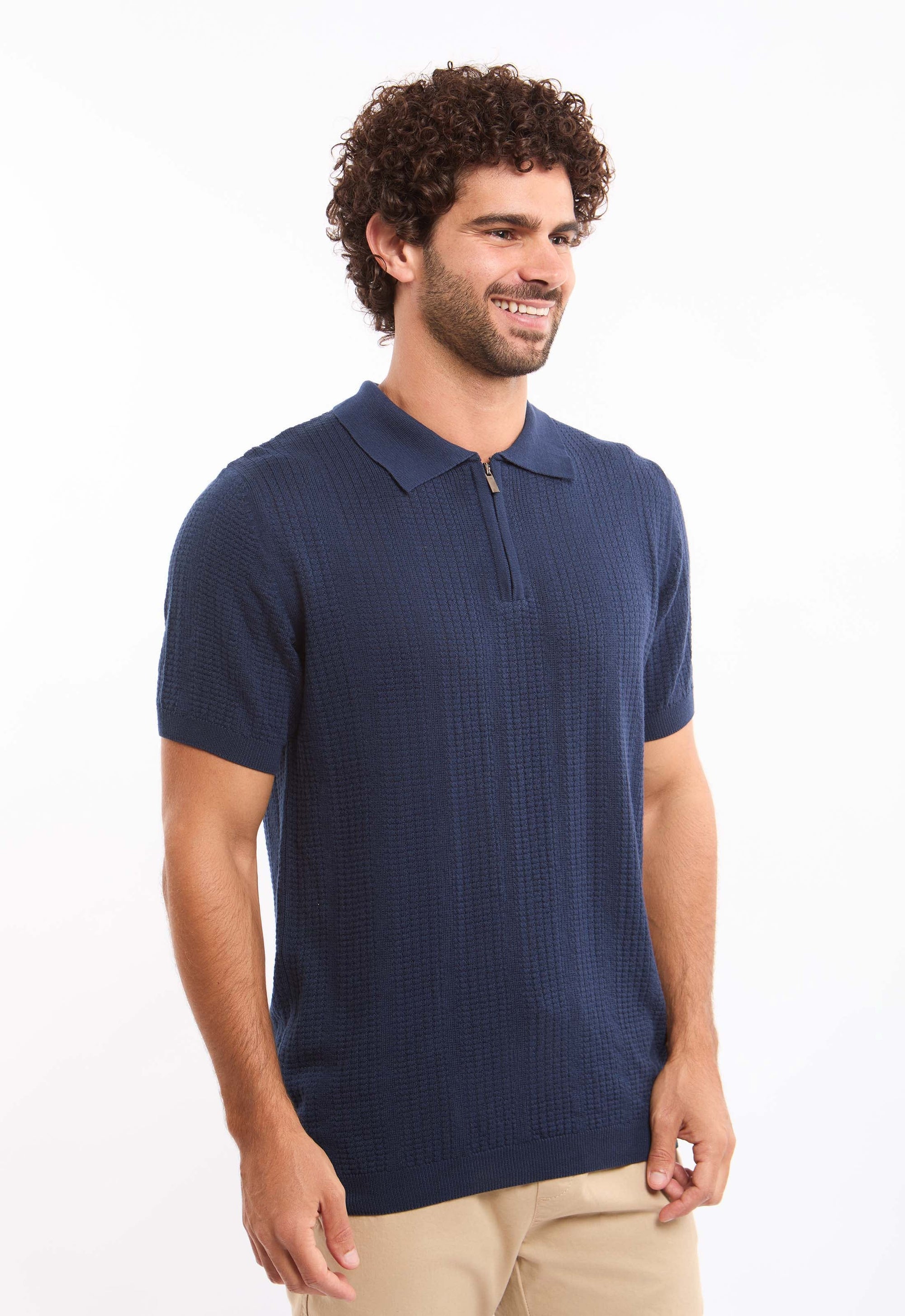 Zipped Neck Simple Knit Polo Shirt
