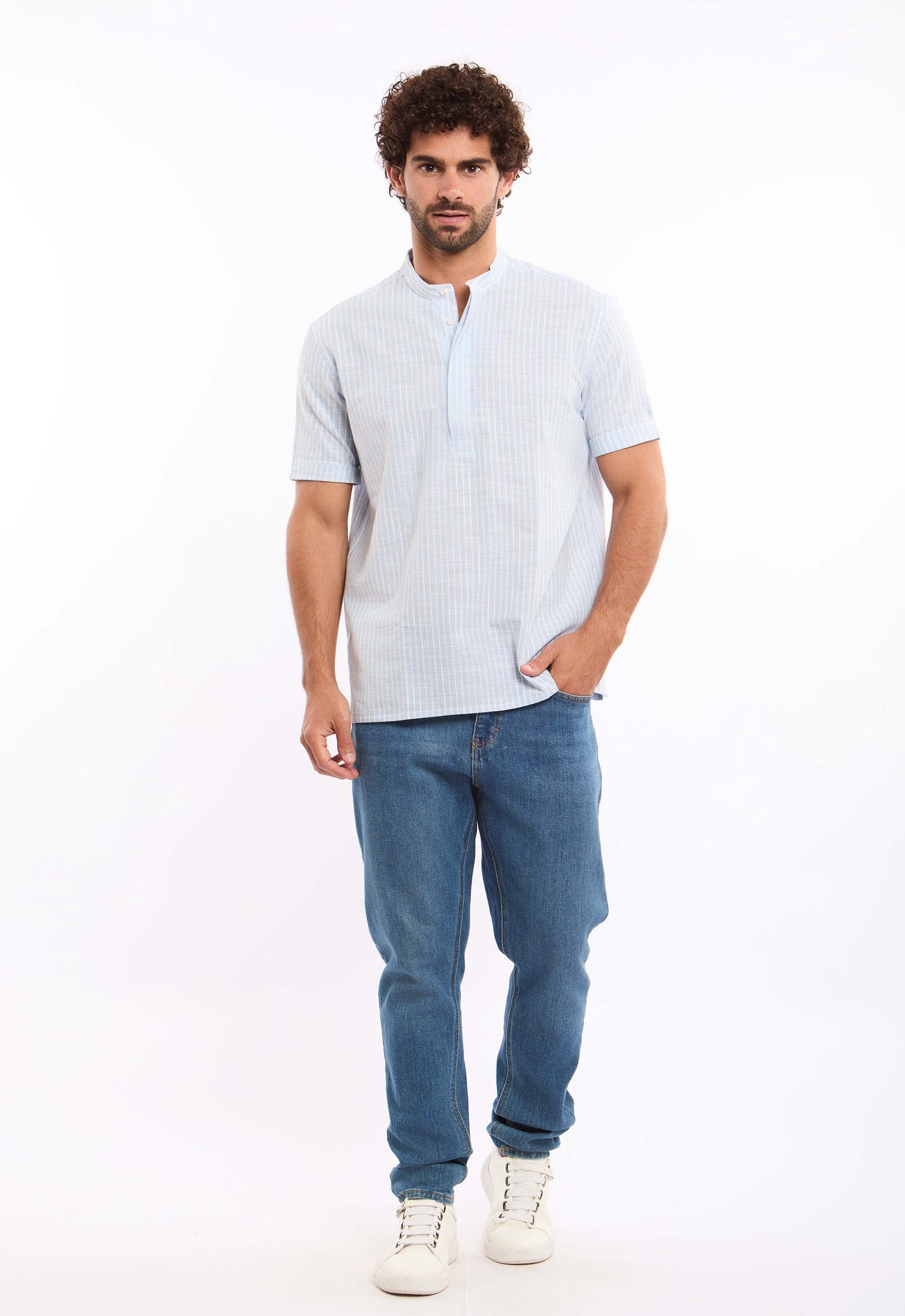 Short Sleeves Striped Shirt with Mandarin Collar