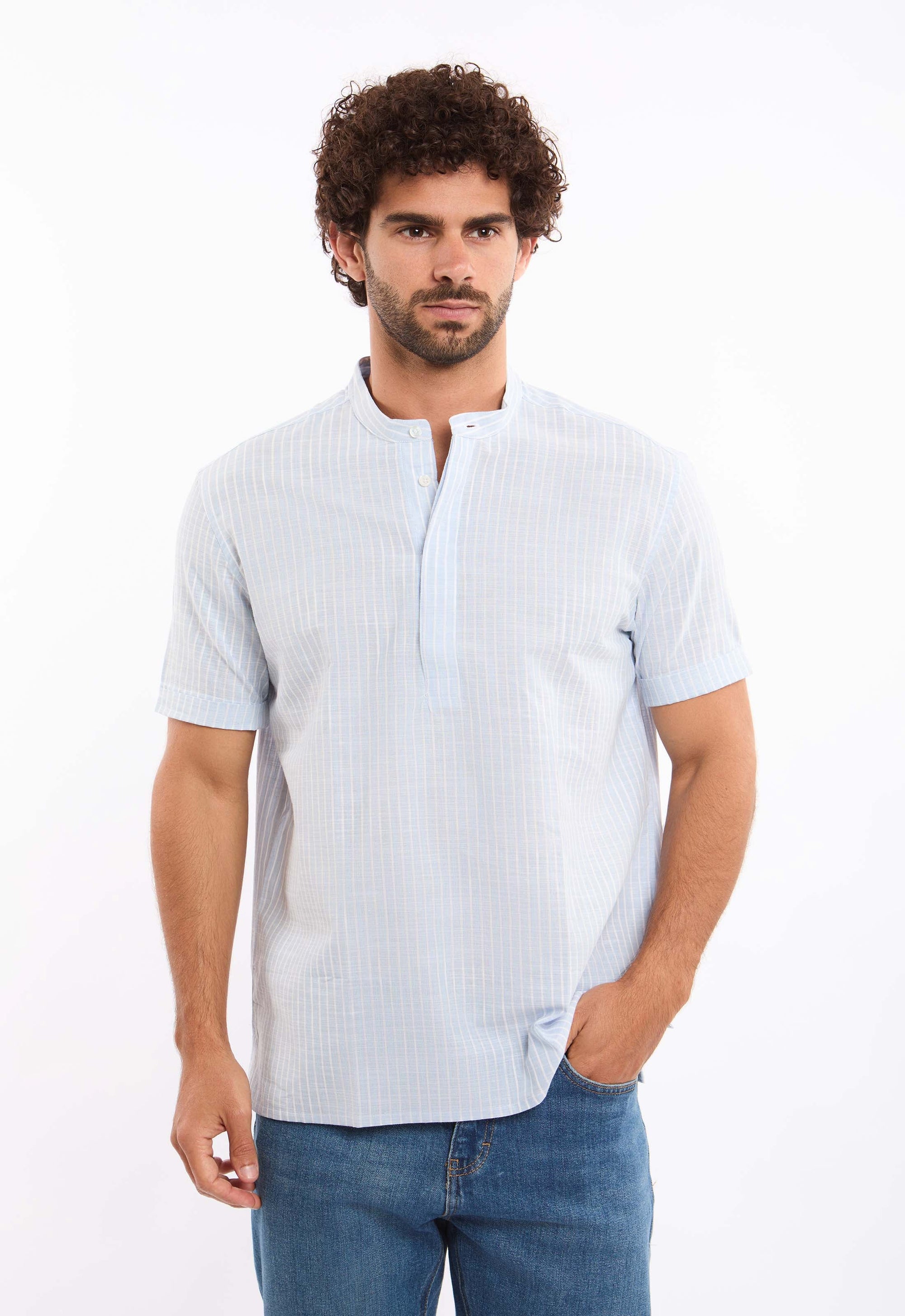 Short Sleeves Striped Shirt with Mandarin Collar