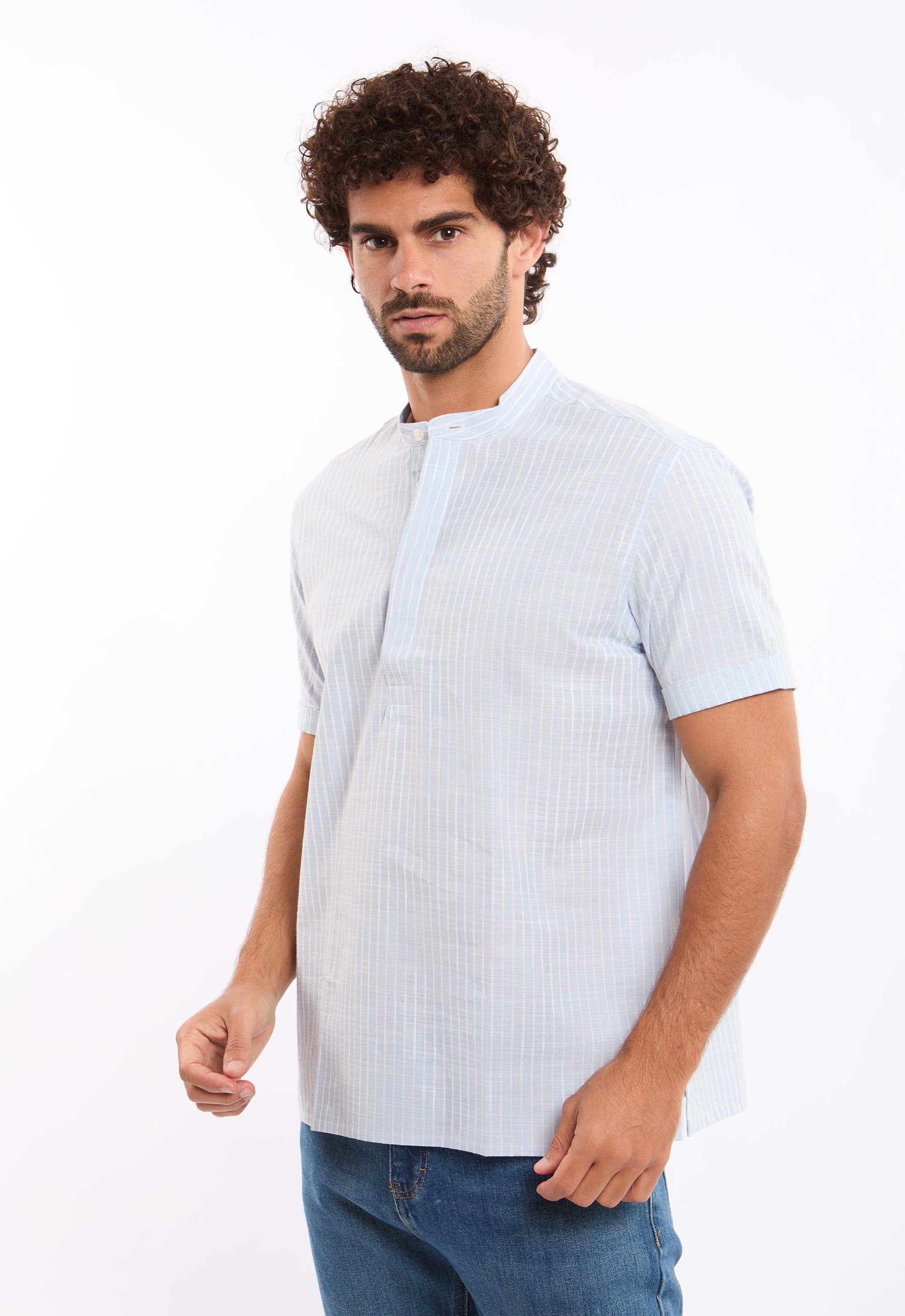 Short Sleeves Striped Shirt with Mandarin Collar