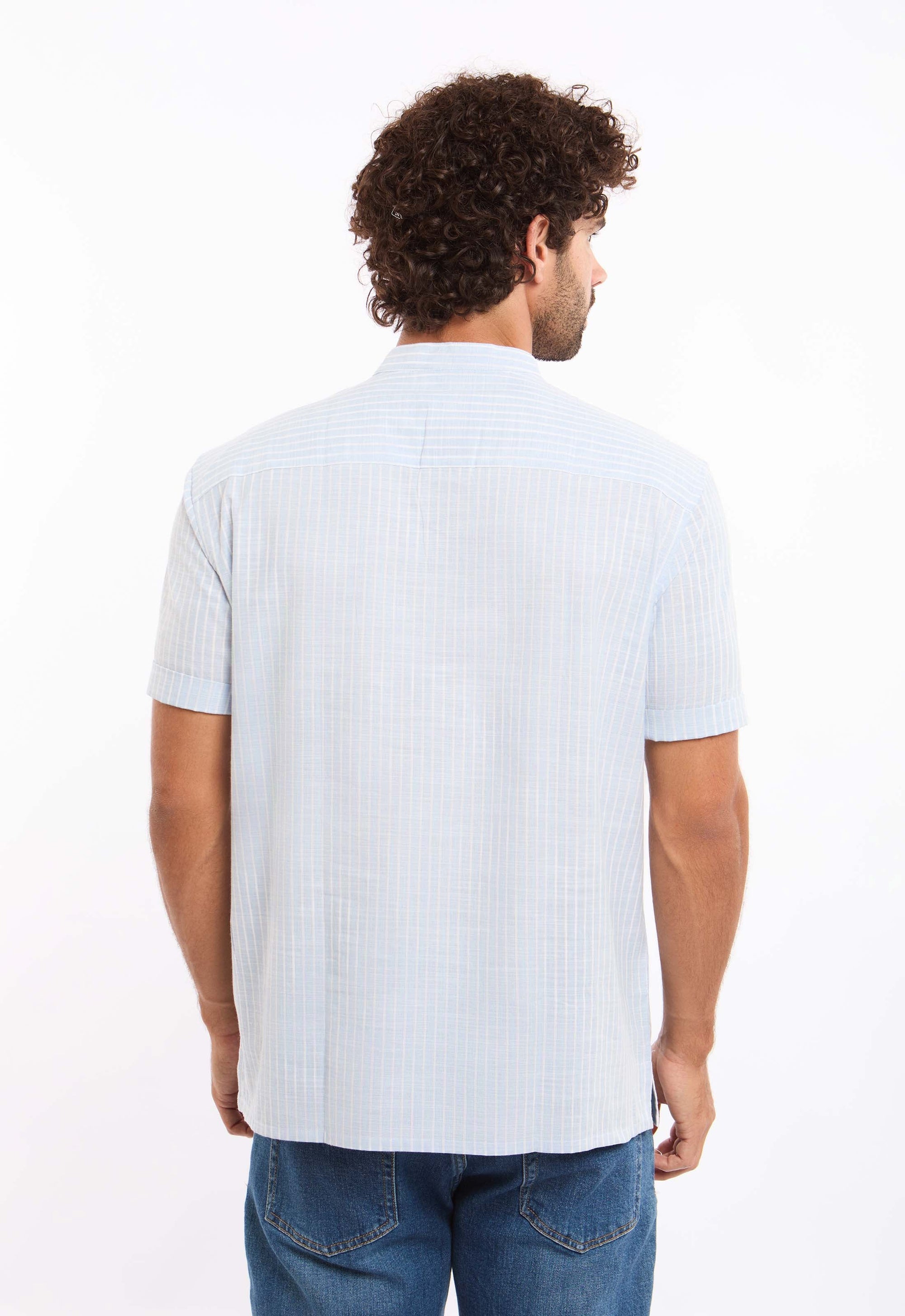 Short Sleeves Striped Shirt with Mandarin Collar