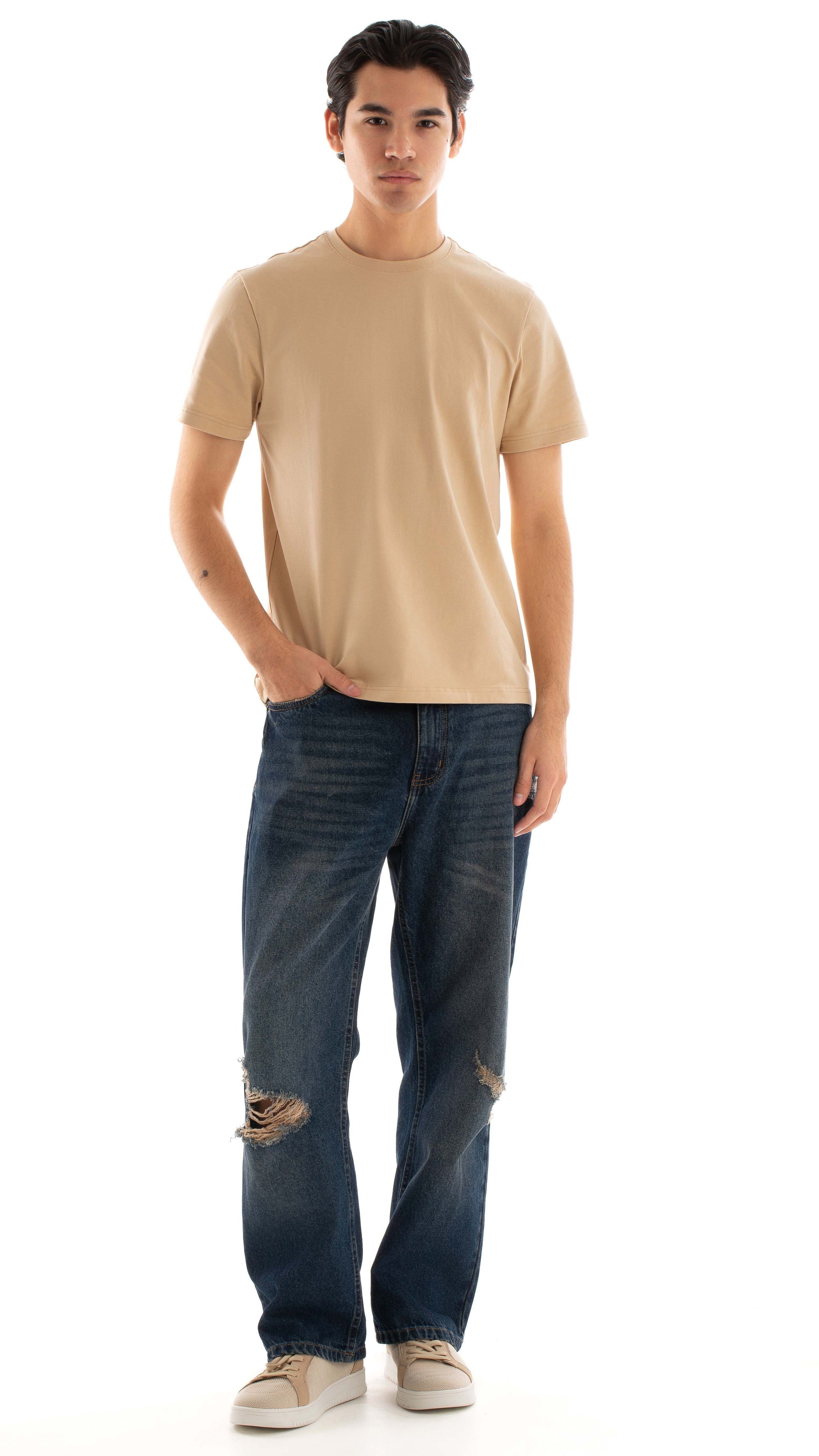 Distressed Straight-Cut Denim Jeans