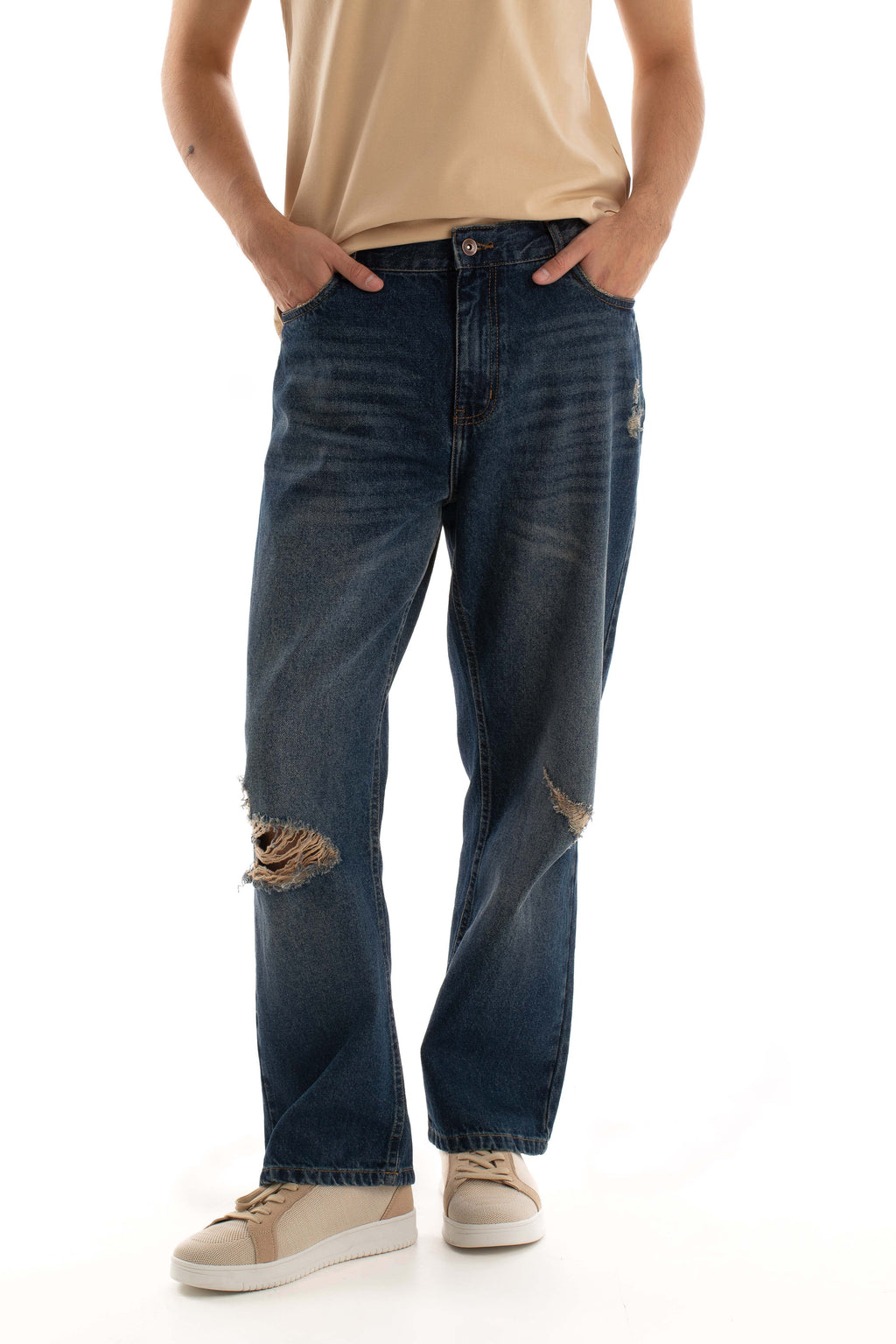 Distressed Straight-Cut Denim Jeans