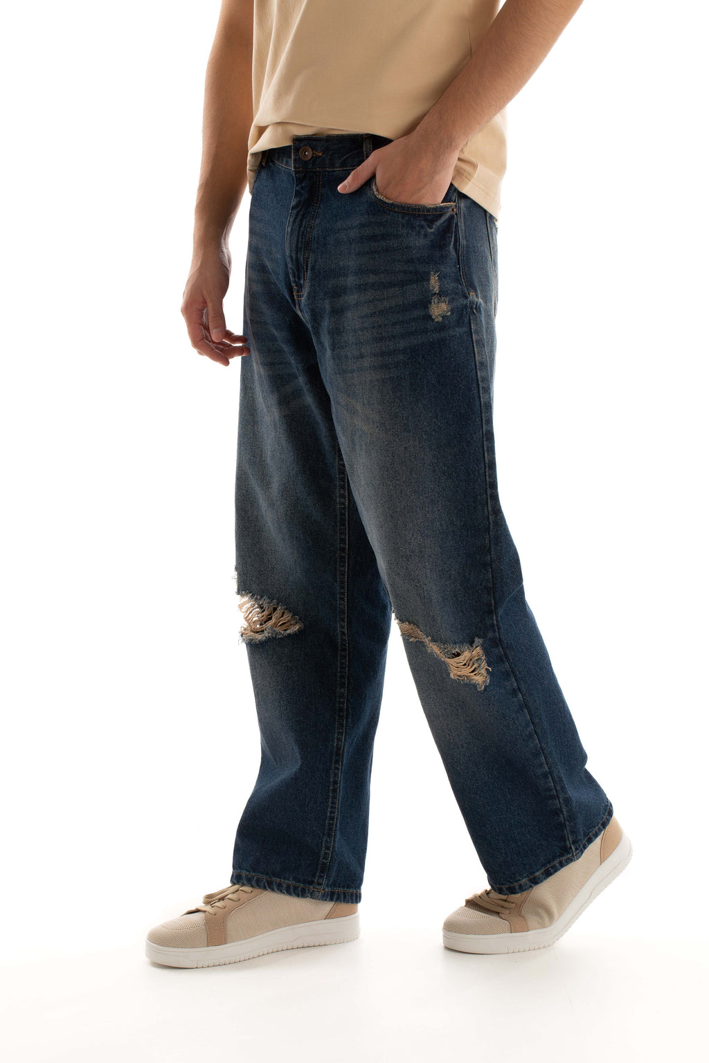 Distressed Straight-Cut Denim Jeans