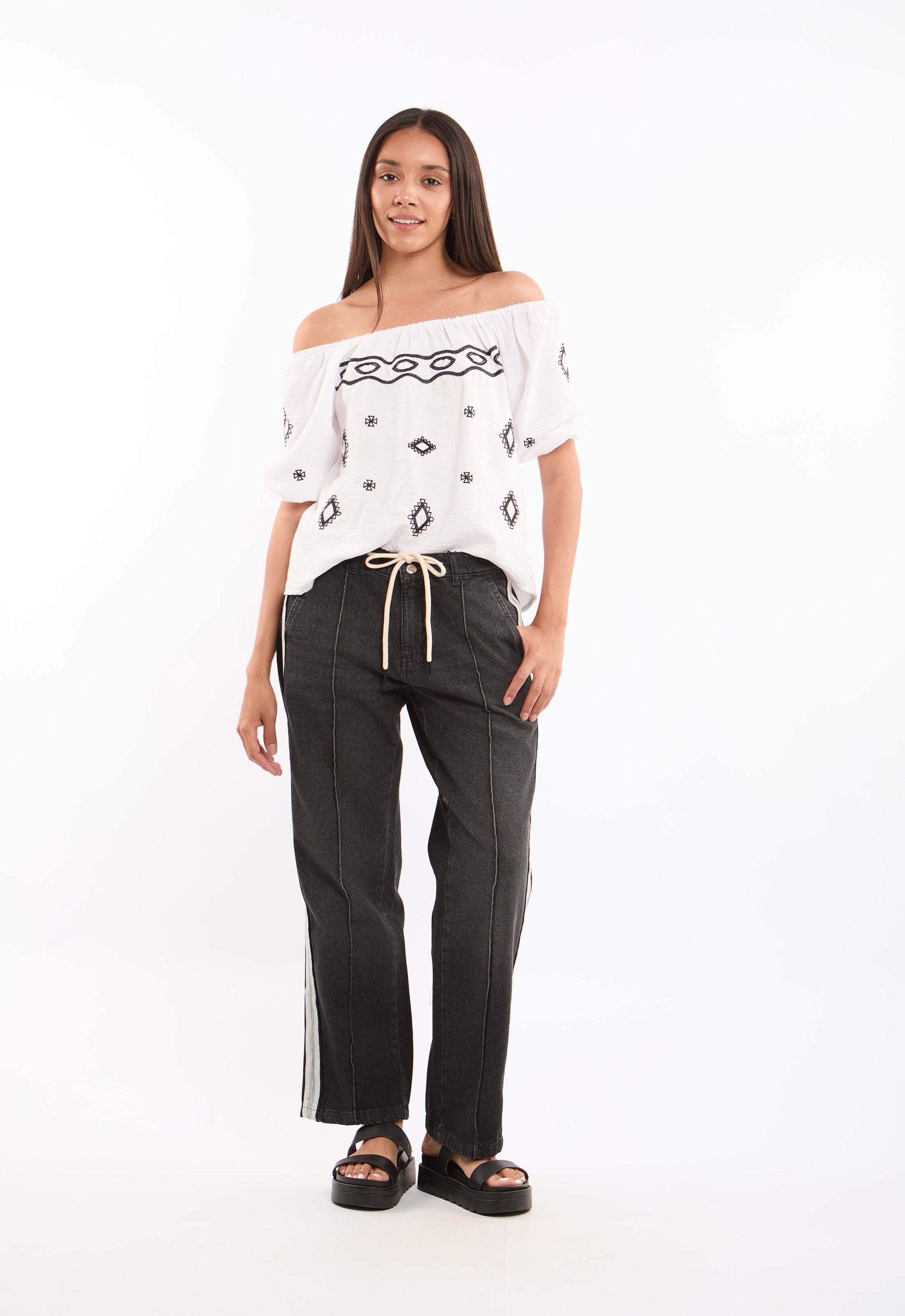 Striped-Side Cotton Pants with Relaxed Straight Cut