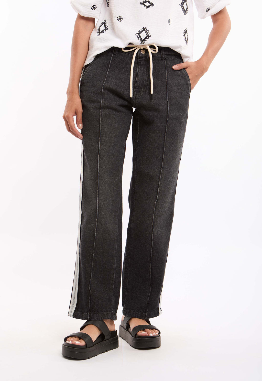 Striped-Side Cotton Pants with Relaxed Straight Cut