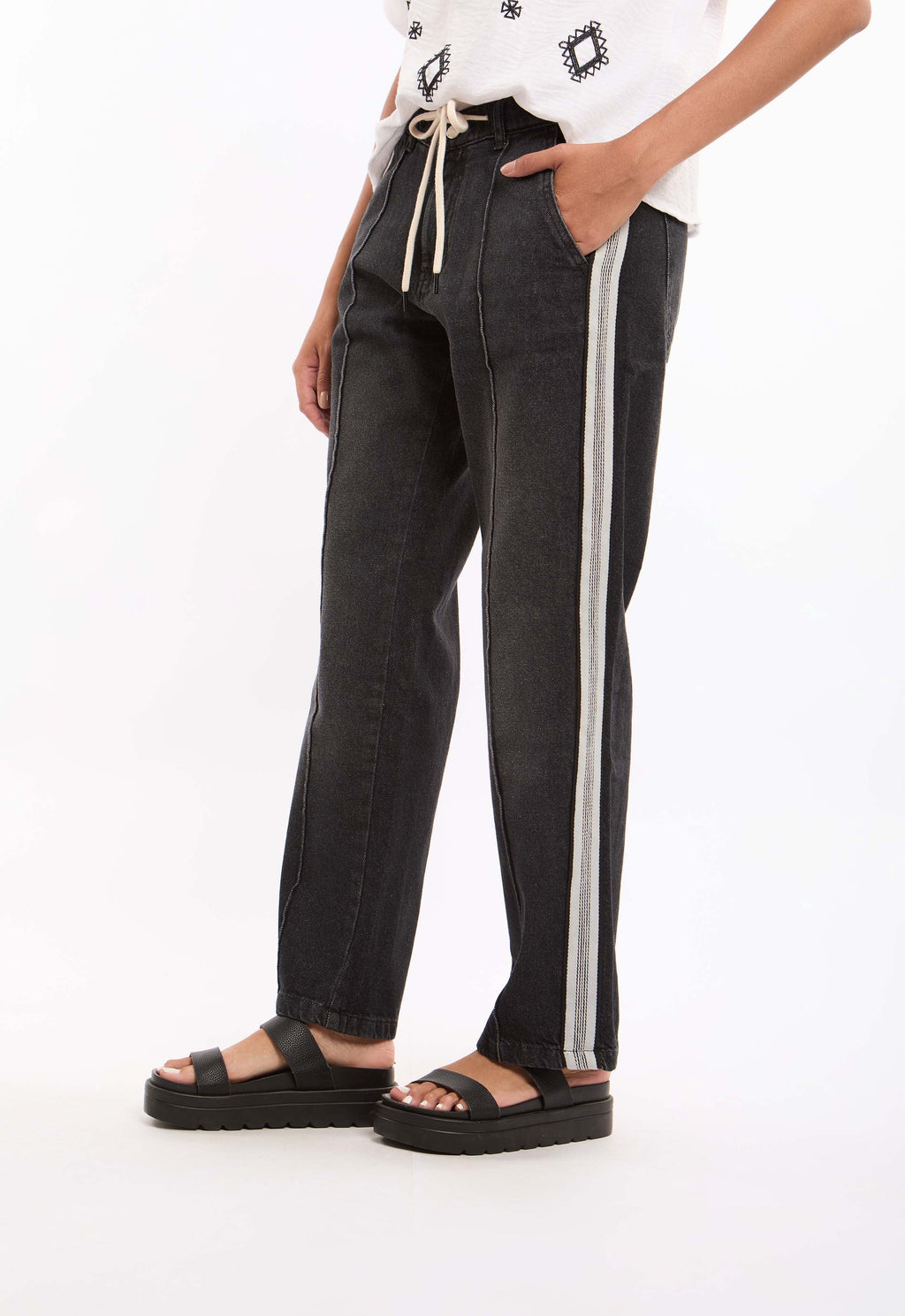 Striped-Side Cotton Pants with Relaxed Straight Cut