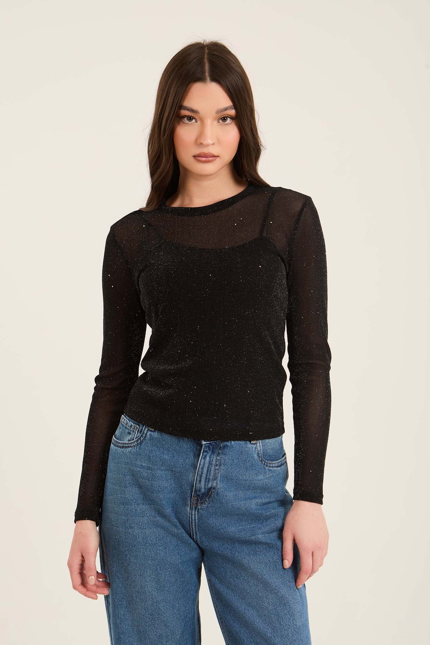 Long Sleeves Sheer Shiny Evening Top