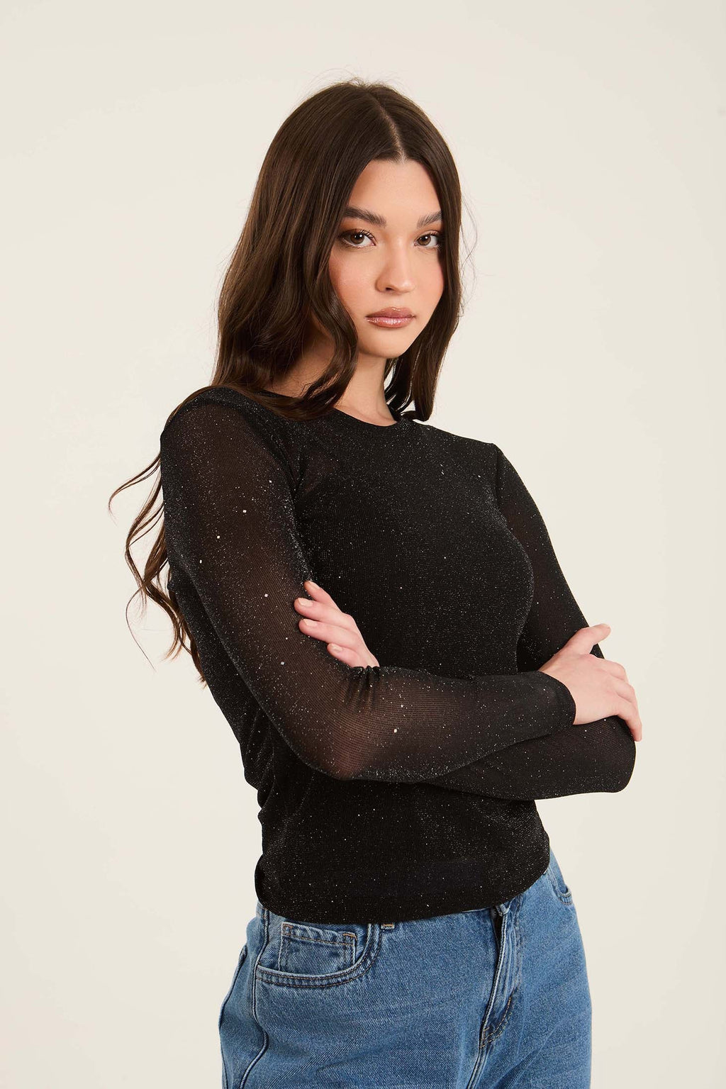 Long Sleeves Sheer Shiny Evening Top