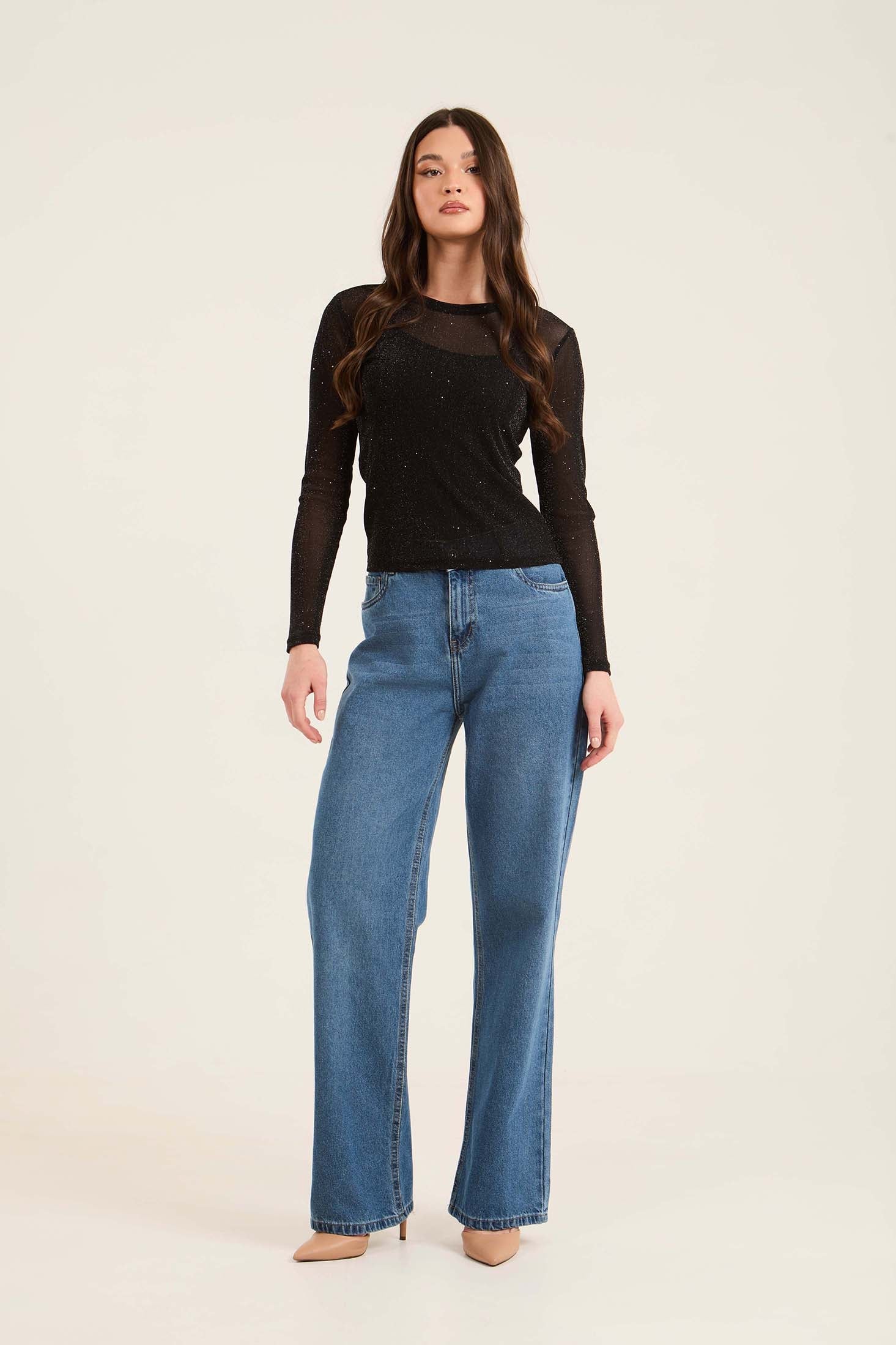 Long Sleeves Sheer Shiny Evening Top