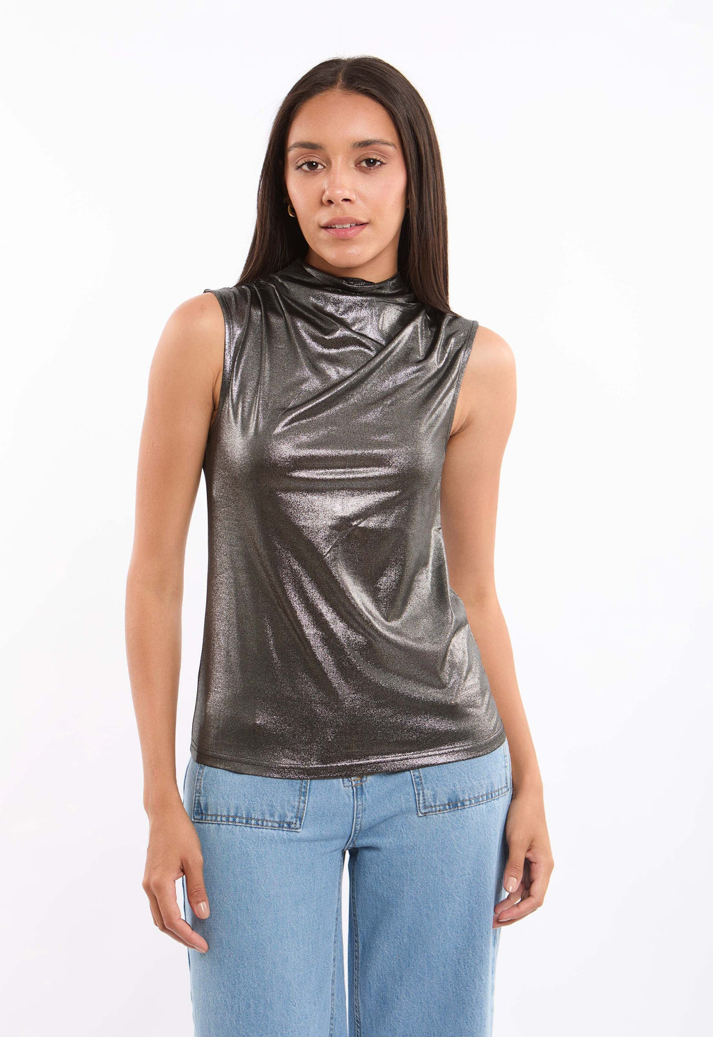 Mock Neck Sleeveless Evening Shiny Top