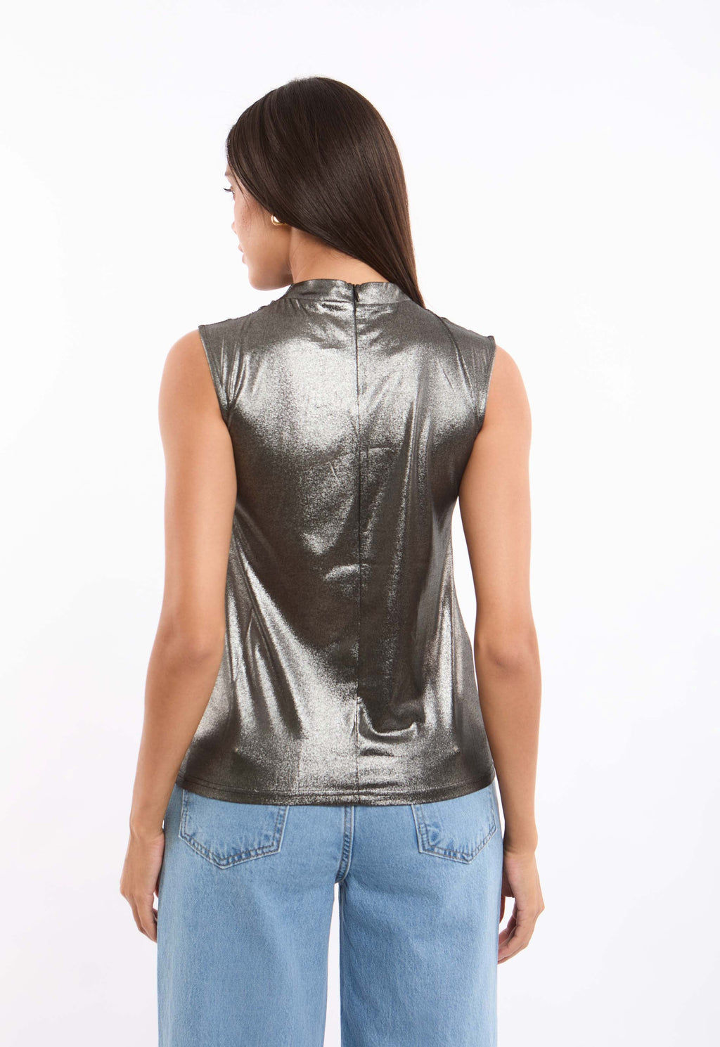 Mock Neck Sleeveless Evening Shiny Top