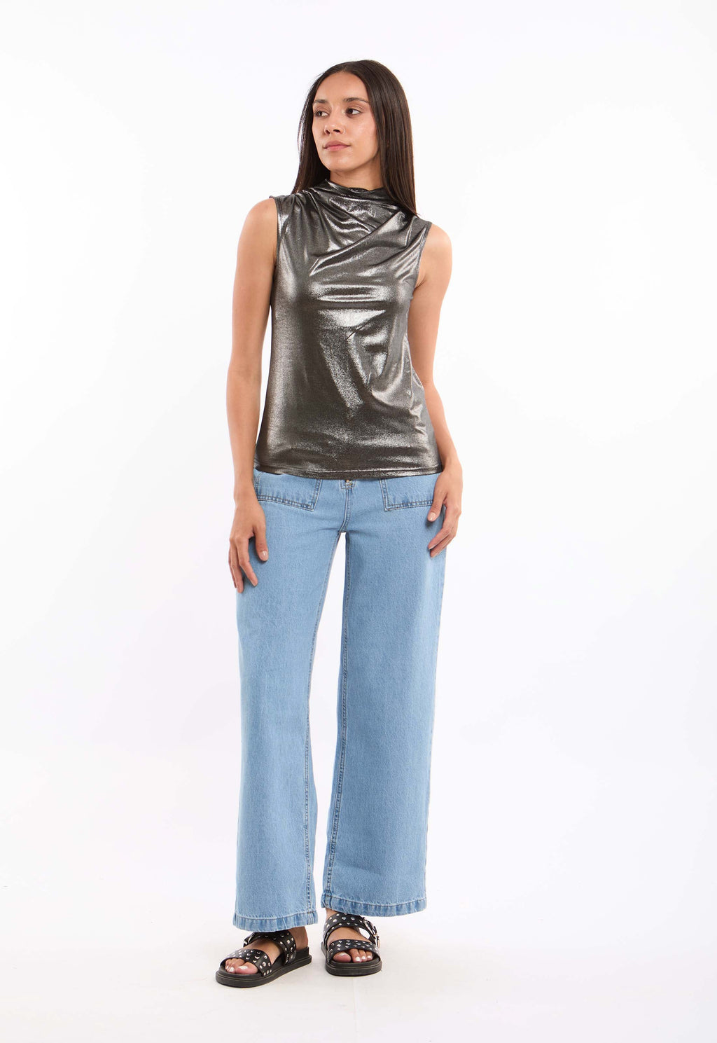 Mock Neck Sleeveless Evening Shiny Top