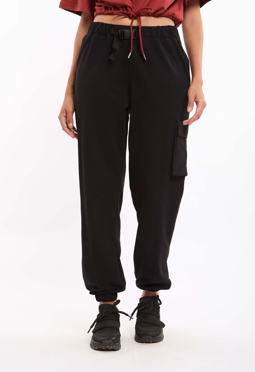 Solid Cargo Sweatpants with Buckled Belt