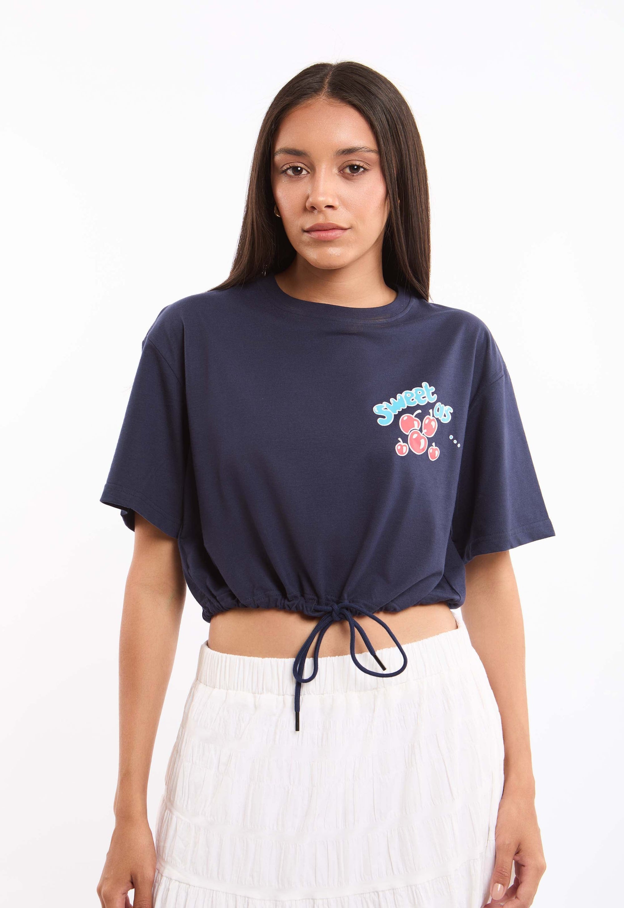 Elbow Sleeves Short Tee with Drawstring Trim