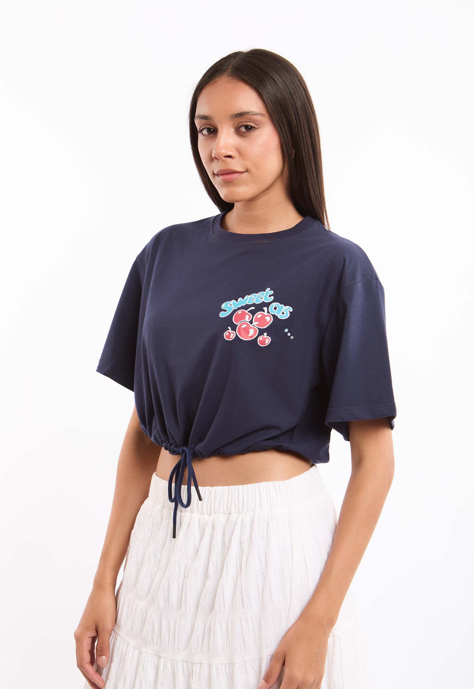 Elbow Sleeves Short Tee with Drawstring Trim