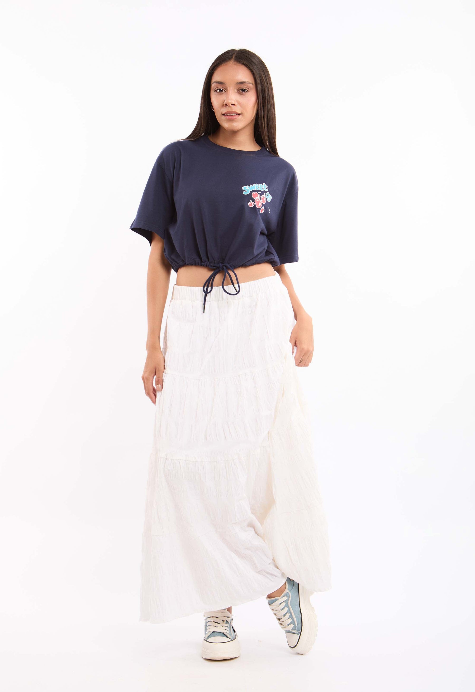 Elbow Sleeves Short Tee with Drawstring Trim