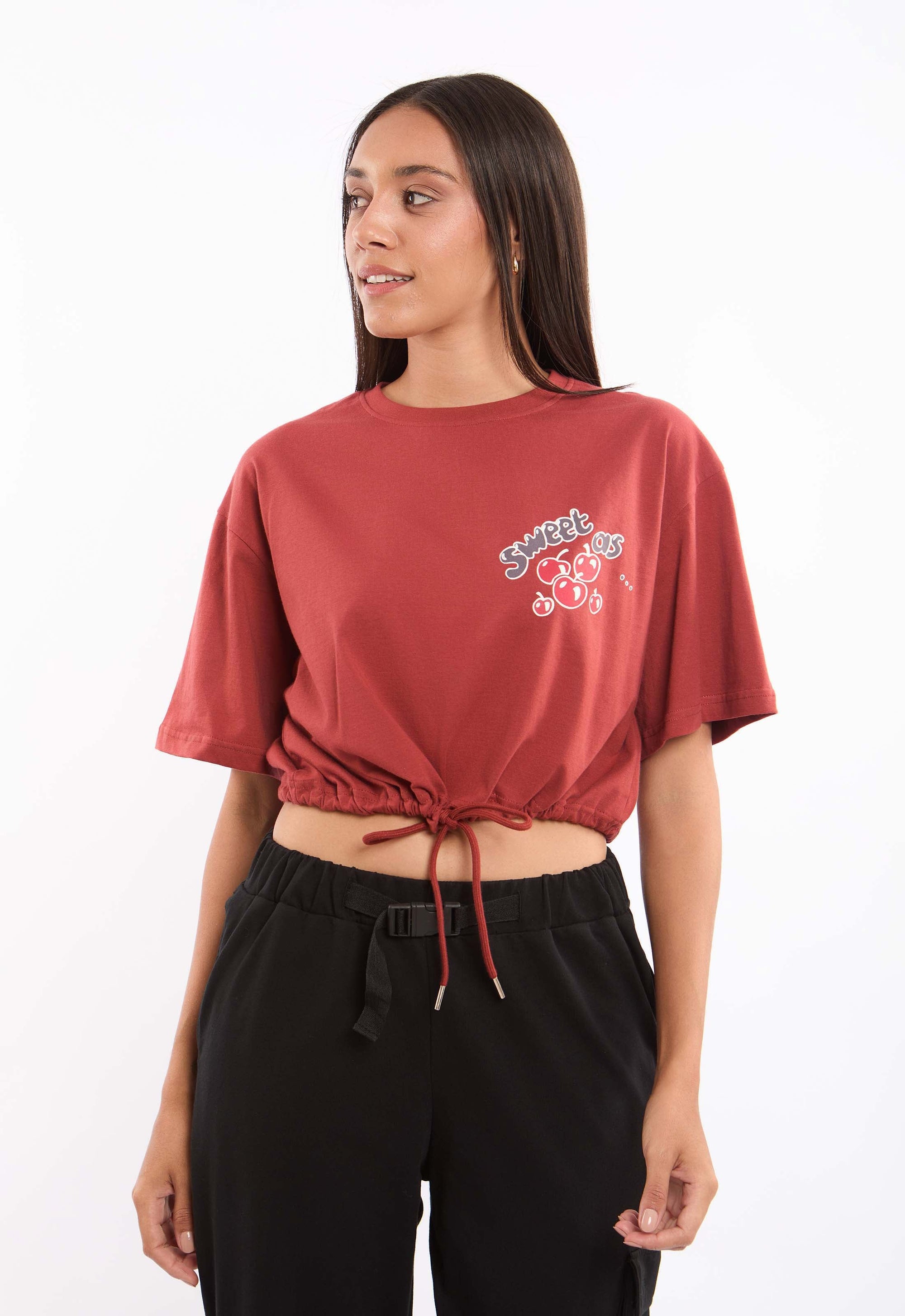 Elbow Sleeves Short Tee with Drawstring Trim