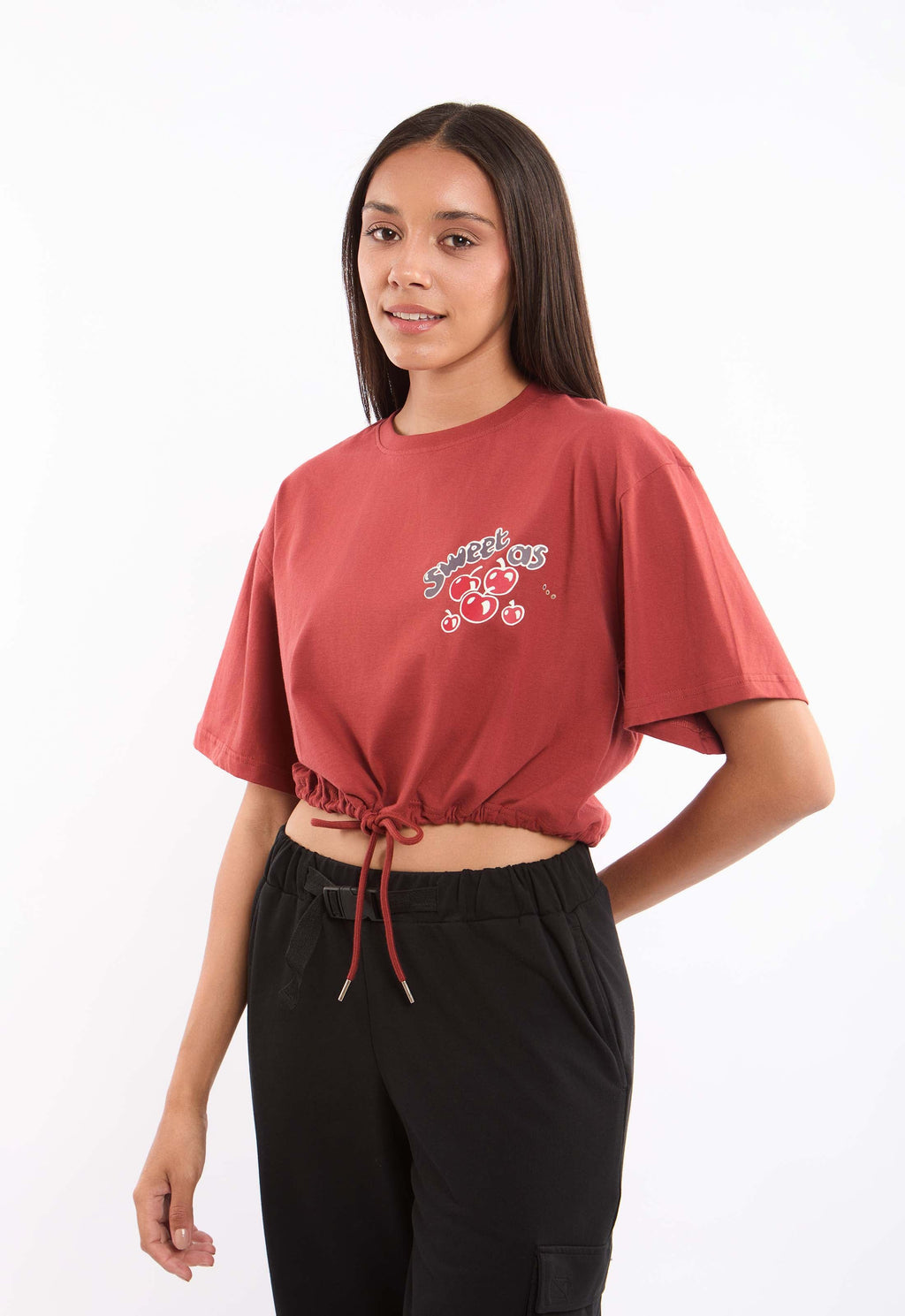 Elbow Sleeves Short Tee with Drawstring Trim