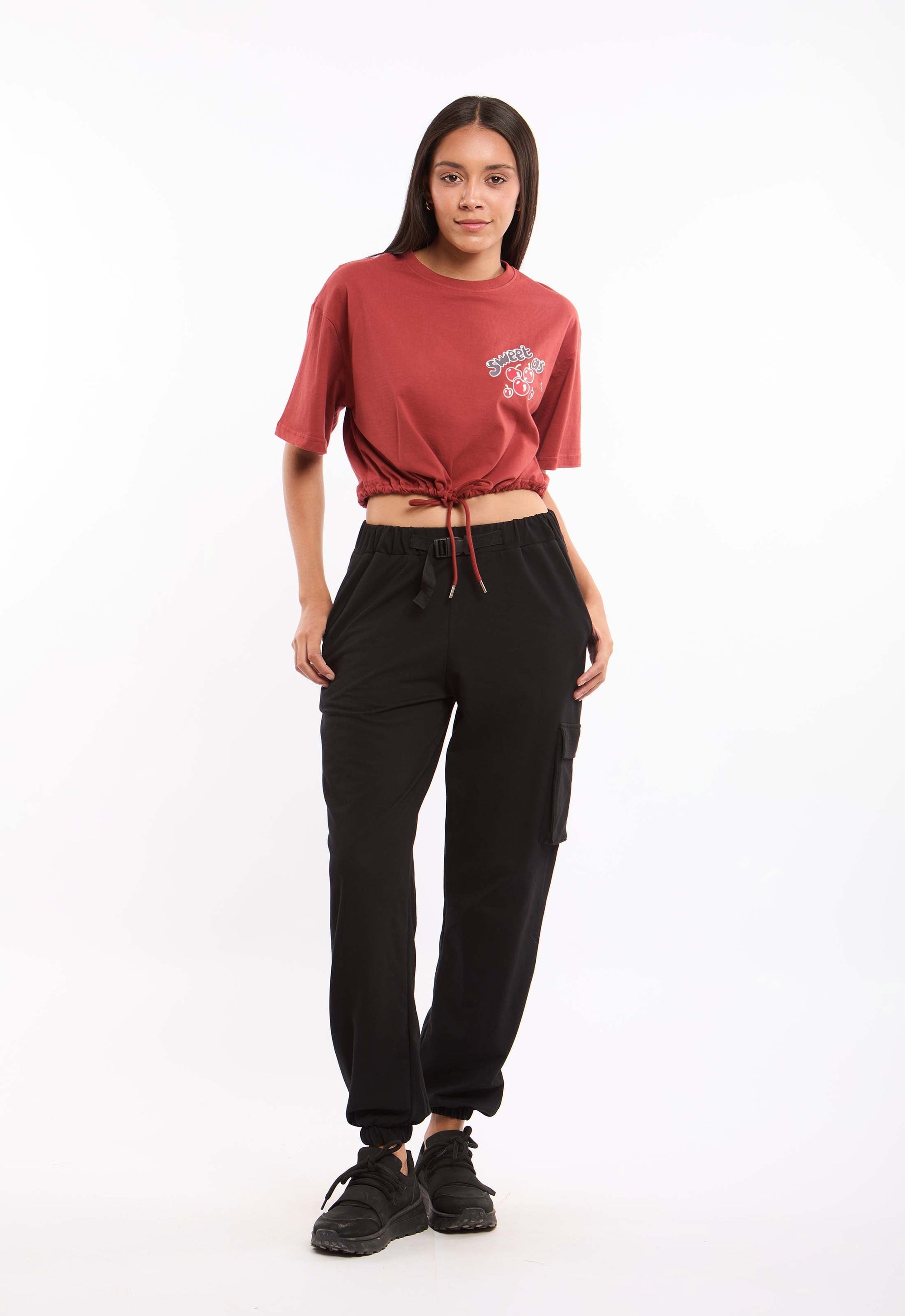 Elbow Sleeves Short Tee with Drawstring Trim