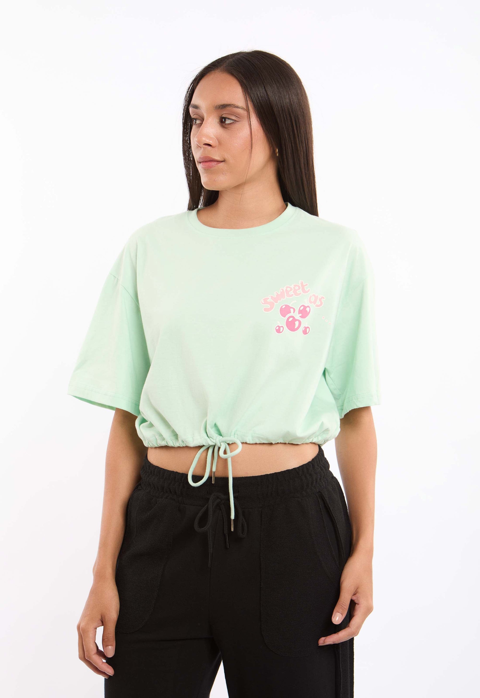 Elbow Sleeves Short Tee with Drawstring Trim