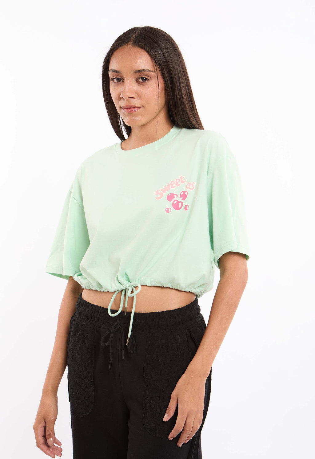Elbow Sleeves Short Tee with Drawstring Trim