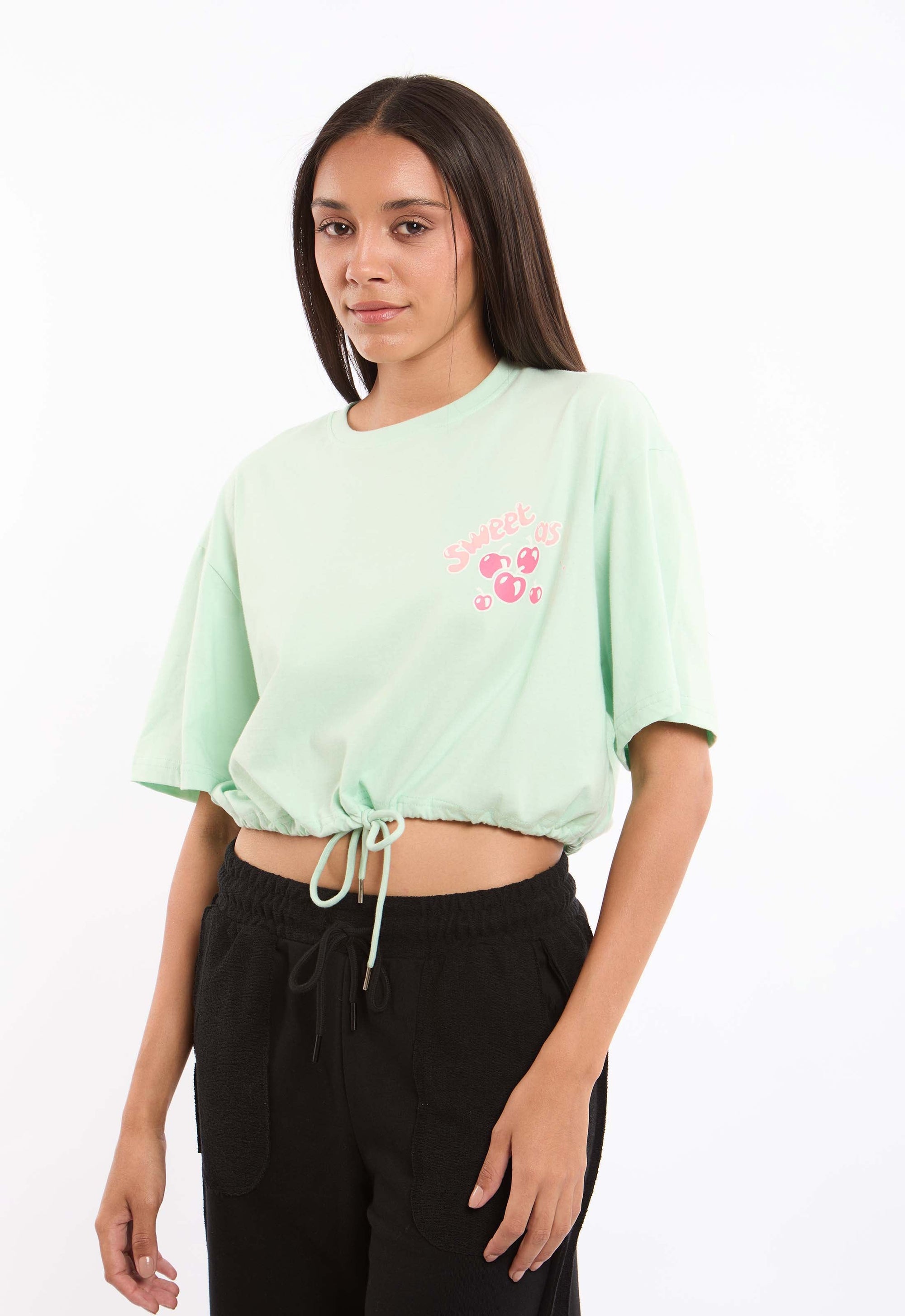 Elbow Sleeves Short Tee with Drawstring Trim