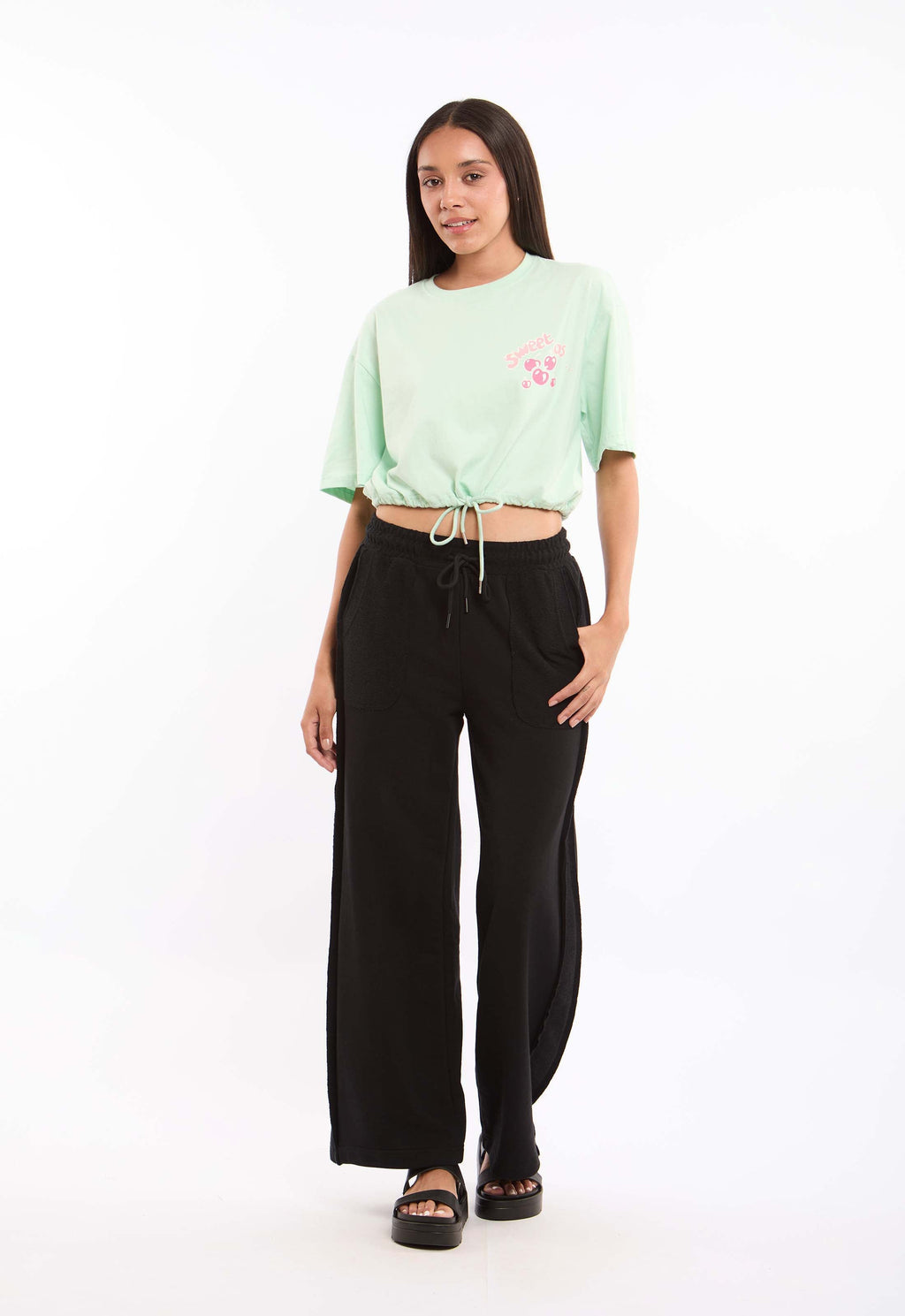 Elbow Sleeves Short Tee with Drawstring Trim