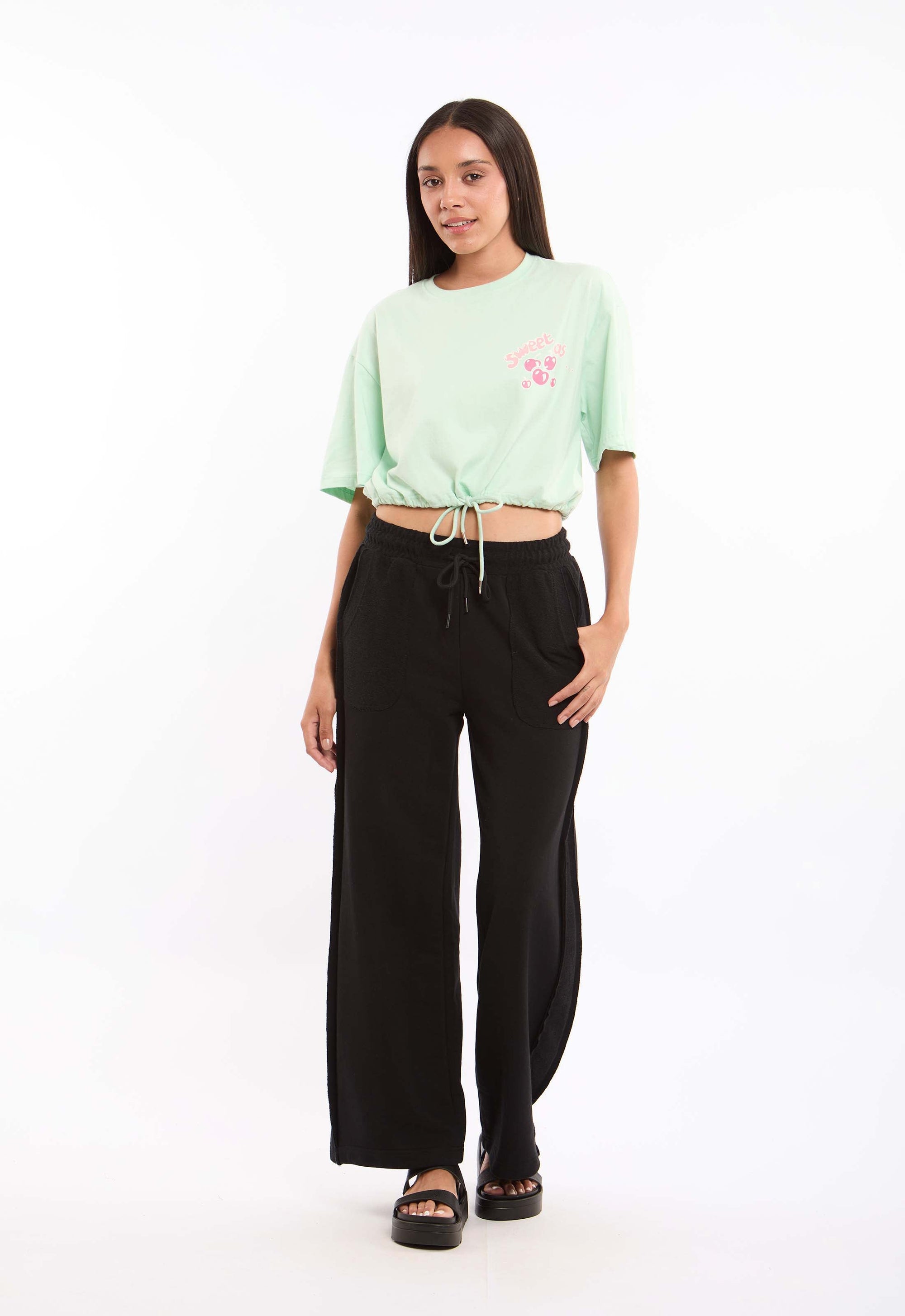 Elbow Sleeves Short Tee with Drawstring Trim