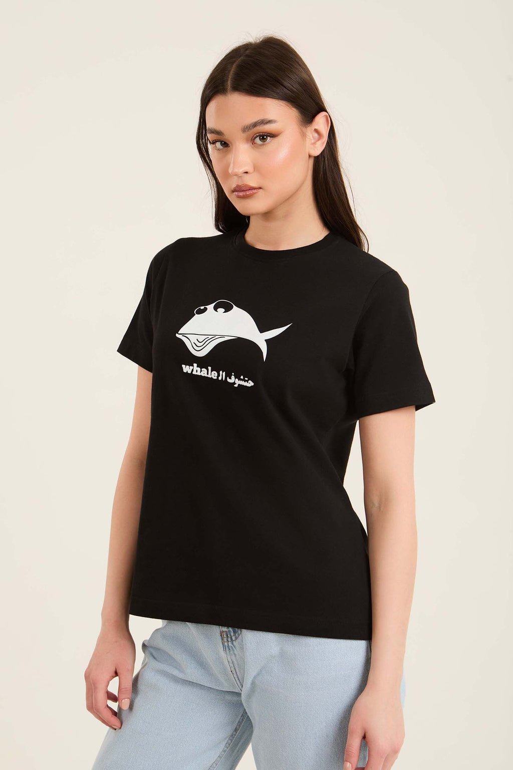 Short Sleeves Cotton Tee with "ÍÊÔæÝ ÇáWhale" Print